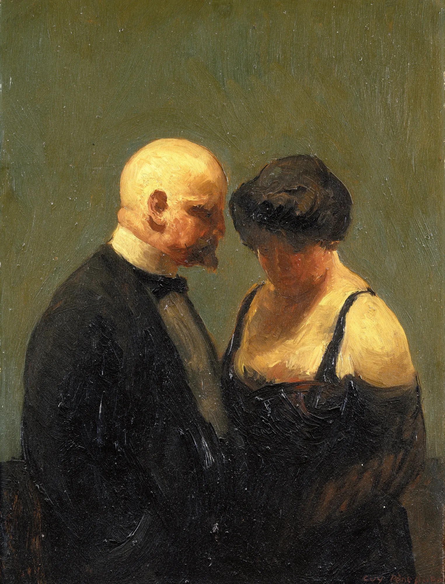 The Confidence Man The Confidence Man by Guy Pène du Bois. A man in a tuxedo and a woman in an evening gown lean toward each other in quiet conversation against a dark green backdrop.