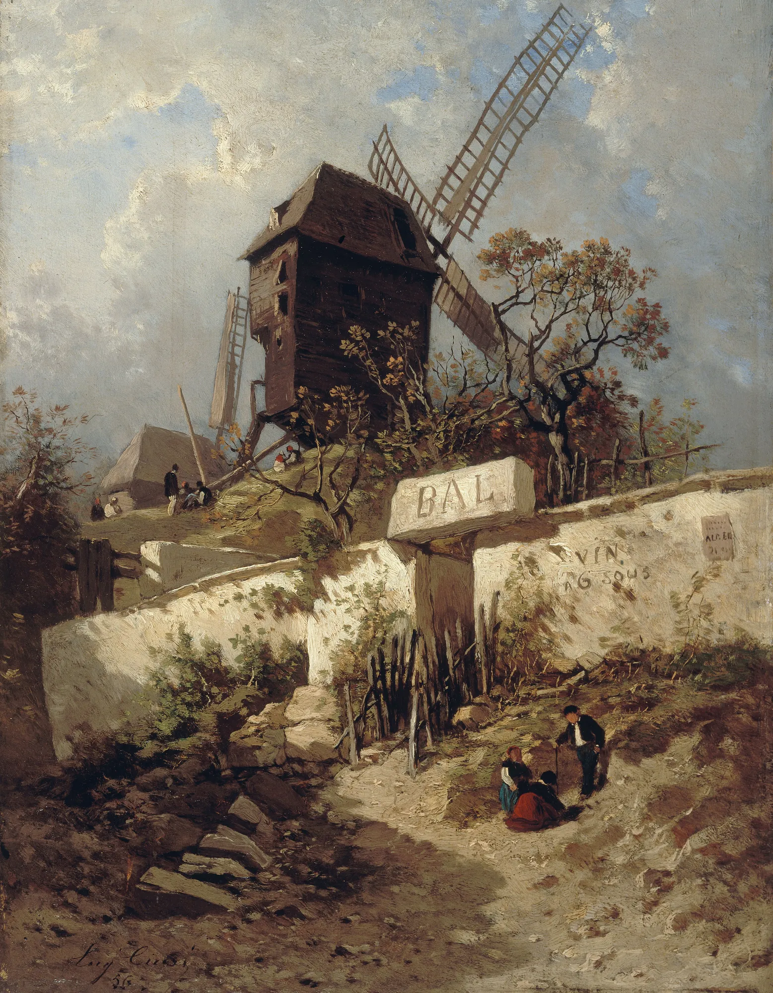Le Moulin de la Galette à Montmartre Le Moulin de la Galette à Montmartre by Eugène Ciceri. An oil painting of a weathered wooden windmill standing on a grassy rise above a white stone wall where figures gather near an entrance marked 'BAL'.