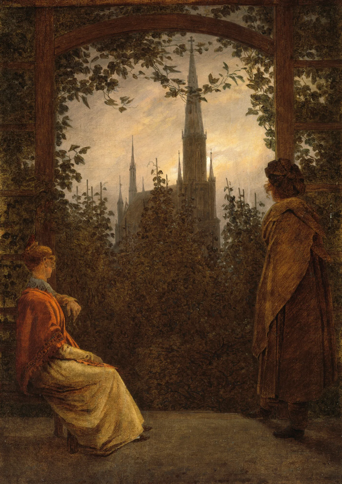 Gazebo Gazebo by Caspar David Friedrich. Two figures look out from an ivy-clad garden arbor toward a distant gothic cathedral spire silhouetted against a pale sky.