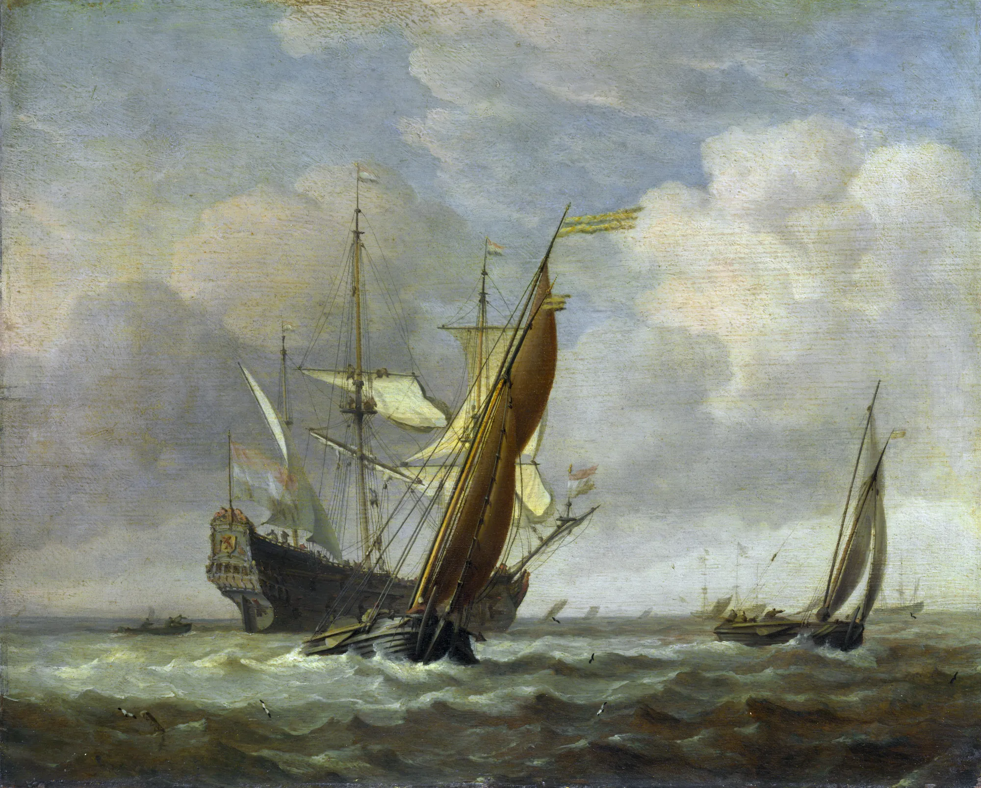 Two Small Vessels and a Dutch Man-of-War in a Breeze