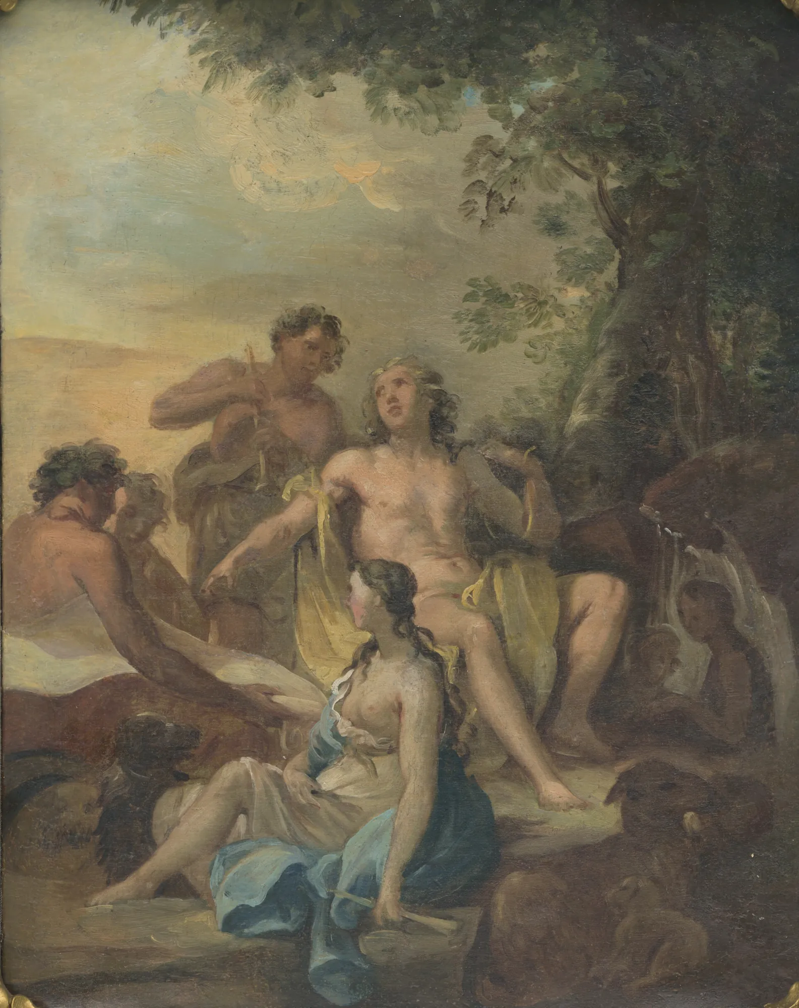 Mythological Scene Mythological Scene by Unknown Artist. A mythological painting featuring several semi-nude figures resting in a wooded landscape under a soft sky.