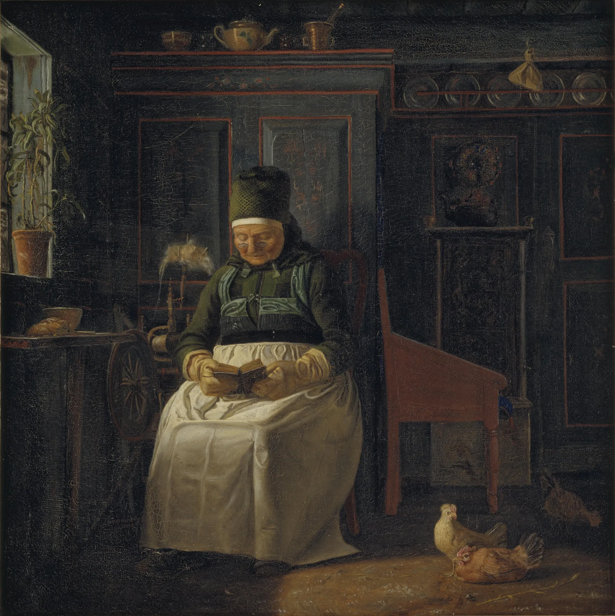 Christmas Morning in a Farmhouse Christmas Morning in a Farmhouse by Christen Dalsgaard. An elderly woman in traditional dress sits in a dark farmhouse interior reading a small book by a window, with chickens on the floor nearby.