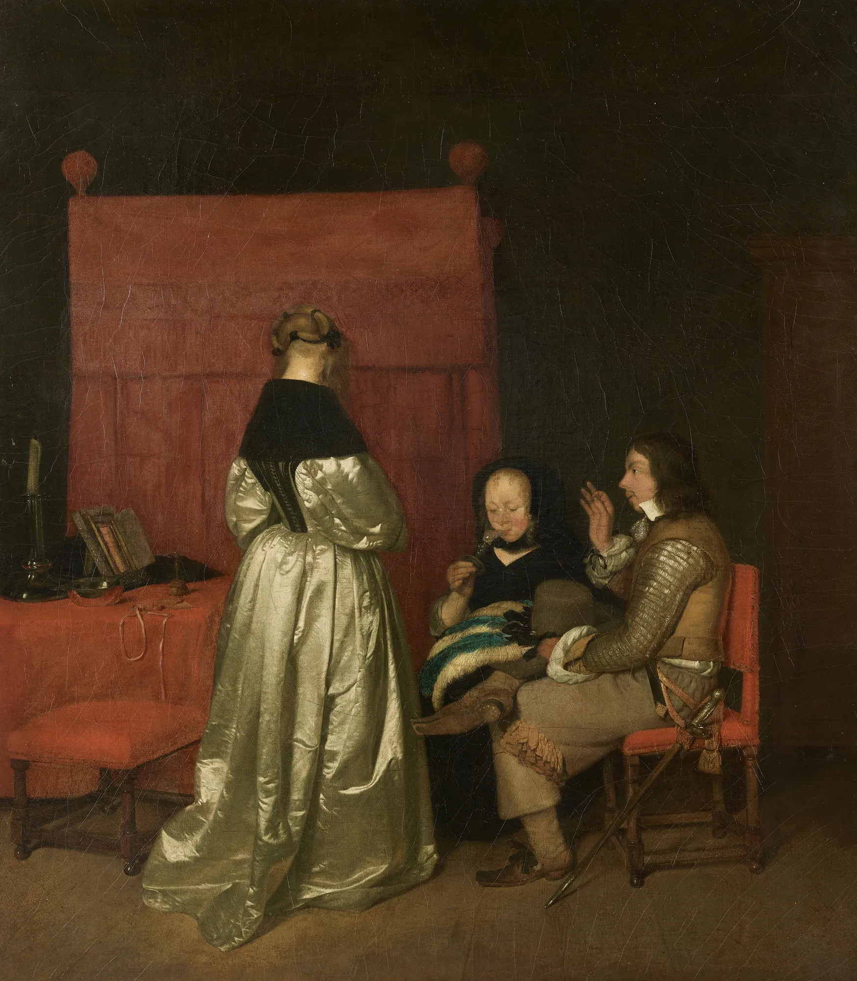 The Galant Conversation The Galant Conversation by Gerard ter Borch. A woman in a shimmering silver-white satin gown stands with her back to the viewer in a dim interior, conversing with a seated soldier and an older woman.