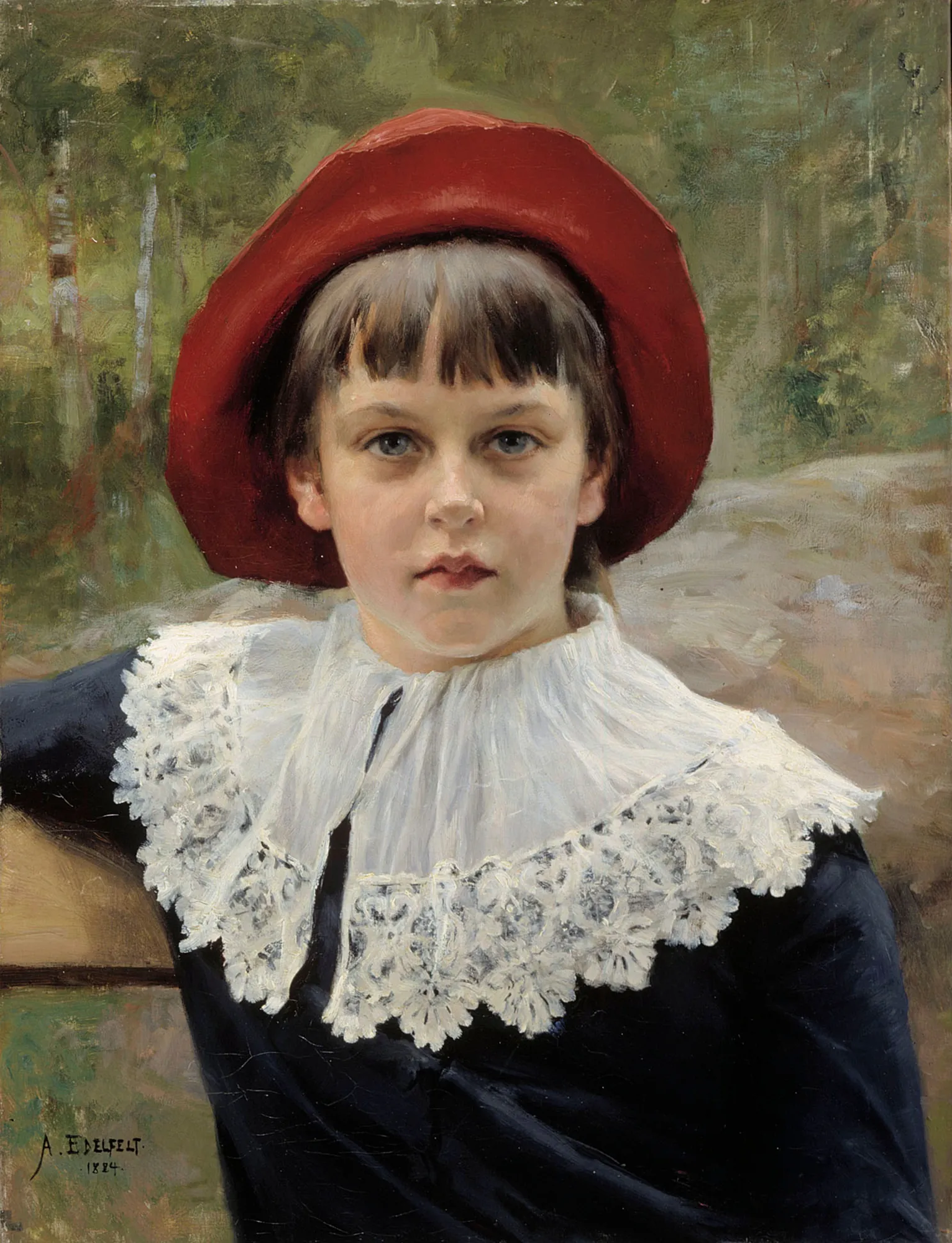 Portrait of Berta Edelfelt Portrait of Berta Edelfelt by Albert Edelfelt. A young girl with blue eyes gazes directly at the viewer, wearing a wide-brimmed red hat and an intricate white lace collar over a dark dress.