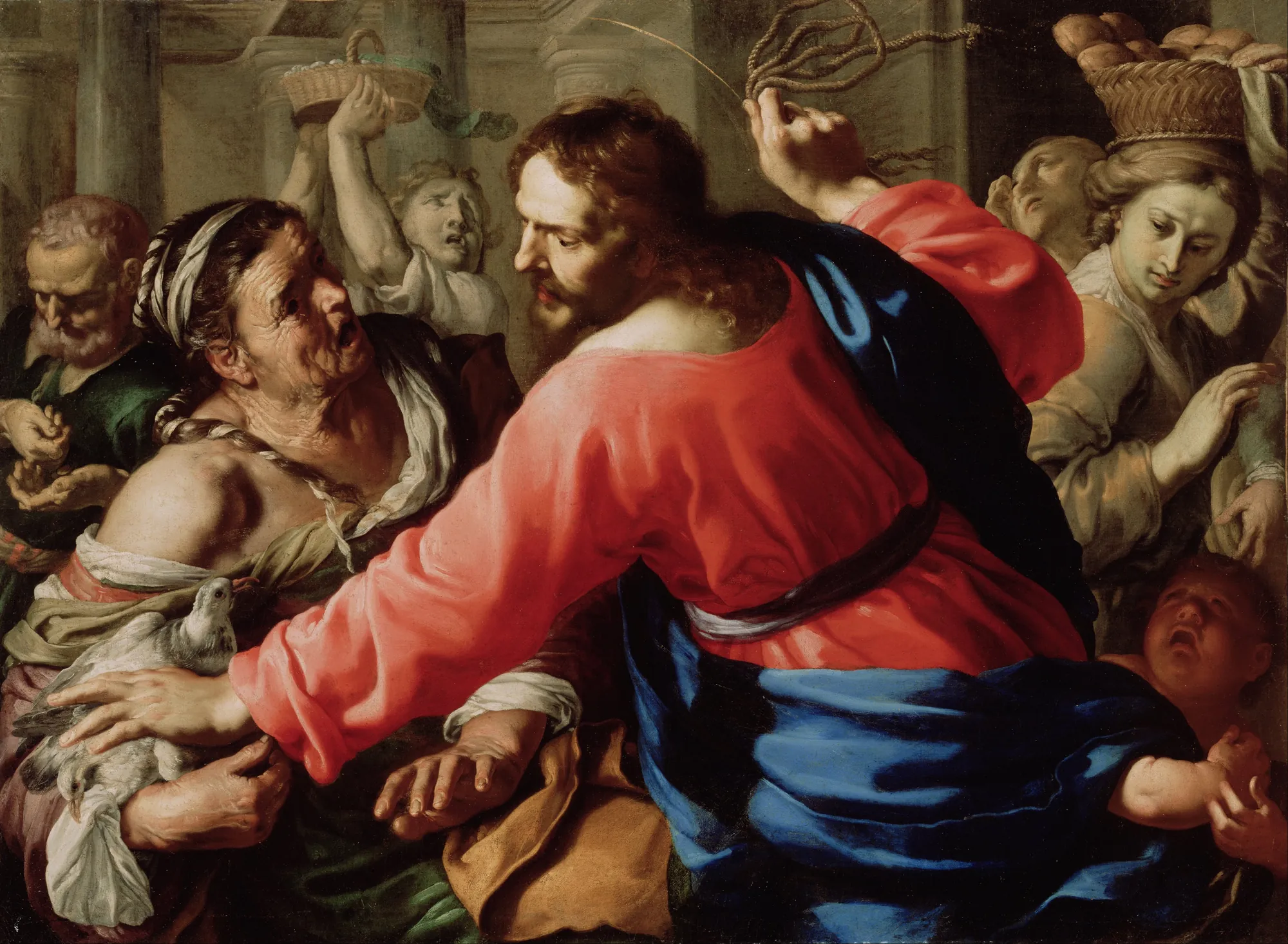 Christ Cleansing the Temple Christ Cleansing the Temple by Bernardino Mei. A dynamic Baroque painting depicting Jesus Christ in a red and blue robe wielding a whip to drive merchants from a temple.