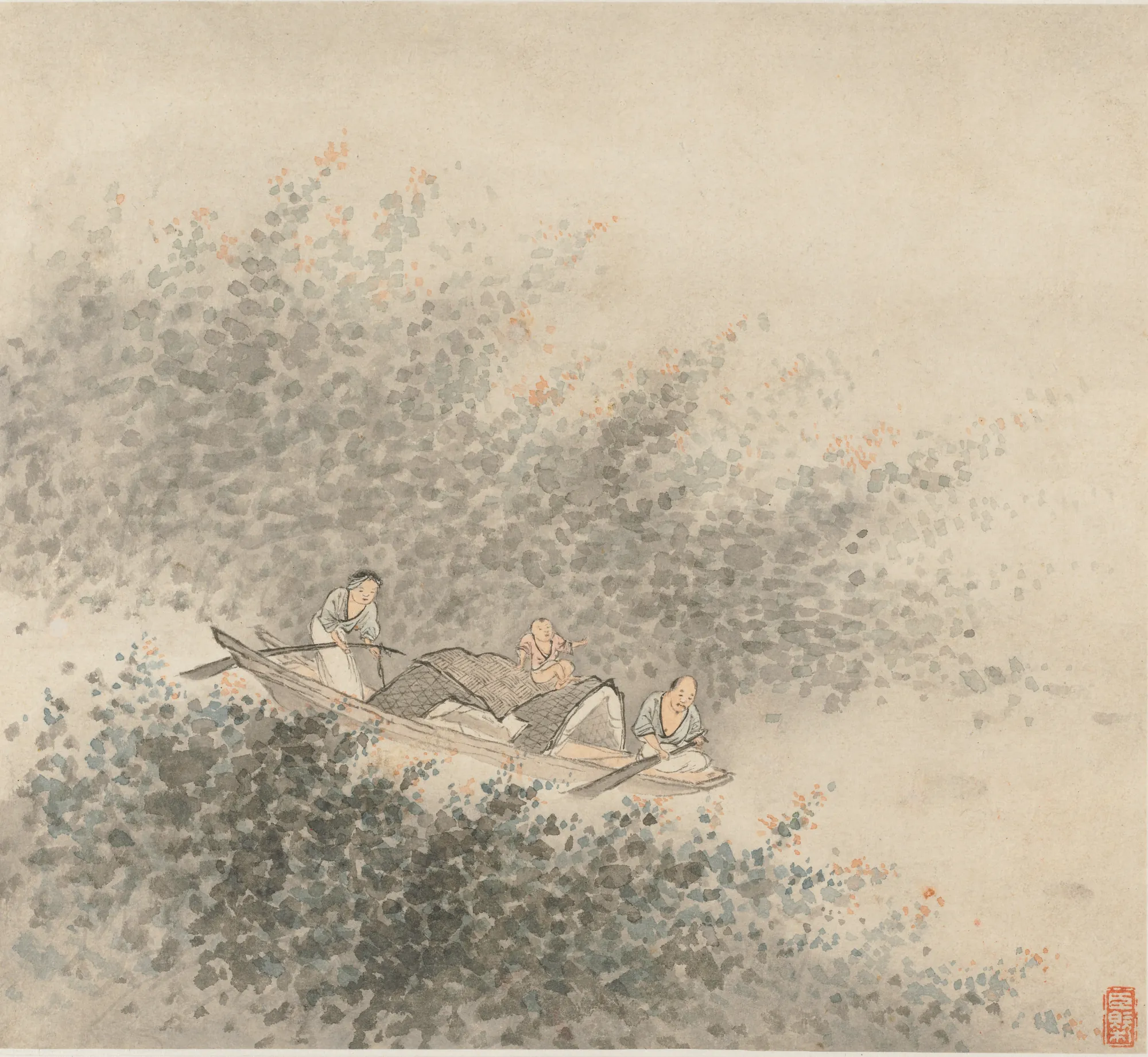 Album of Landscapes: Leaf 6 Album of Landscapes: Leaf 6 by Wang Gai. A small boat carrying three figures navigates through dense, textured foliage rendered in rhythmic ink dots and light color washes.