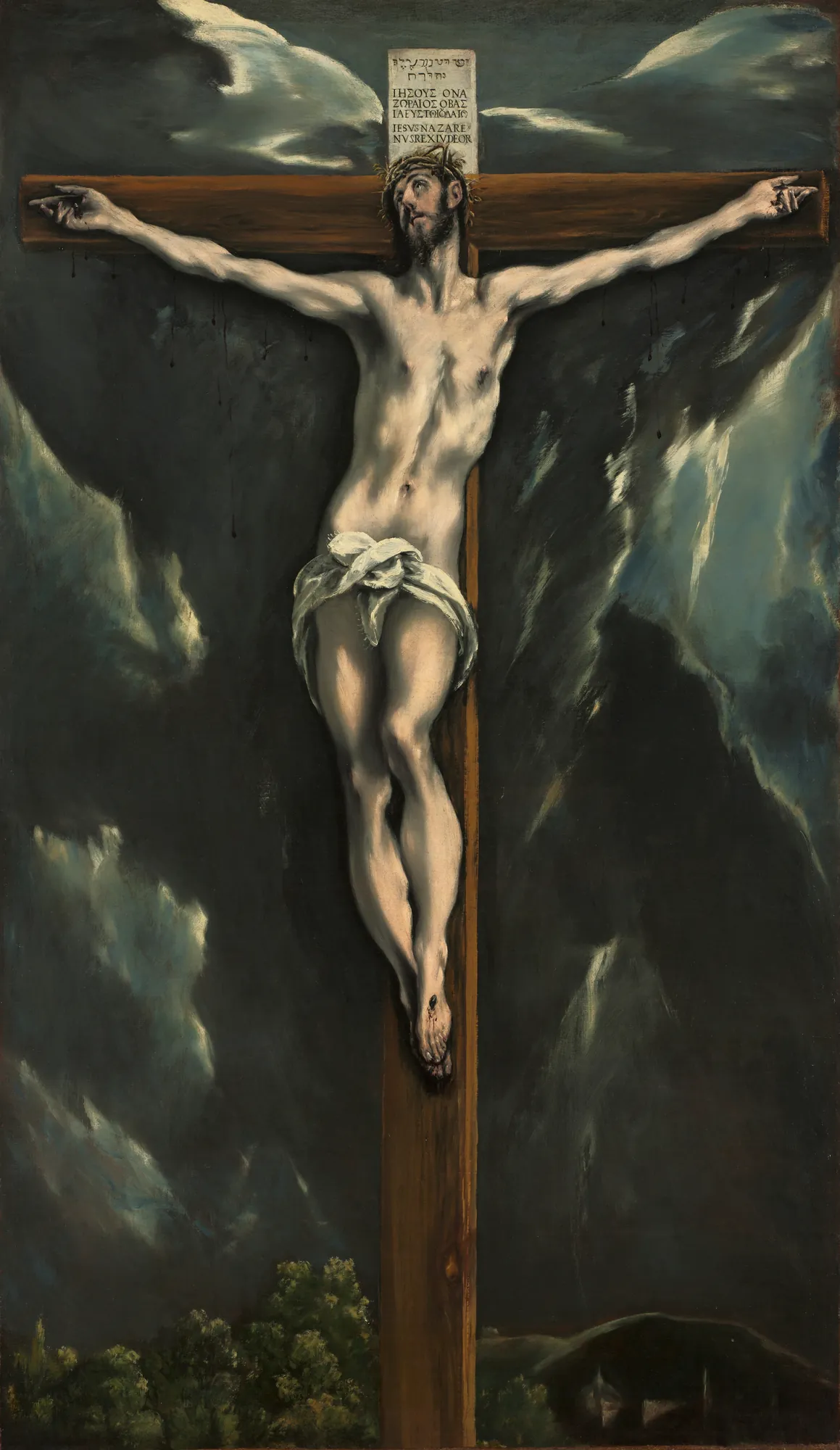 Christ on the Cross Christ on the Cross by El Greco. A luminous, elongated figure of Christ on the cross set against a dark, turbulent, and expressive sky above a small landscape.