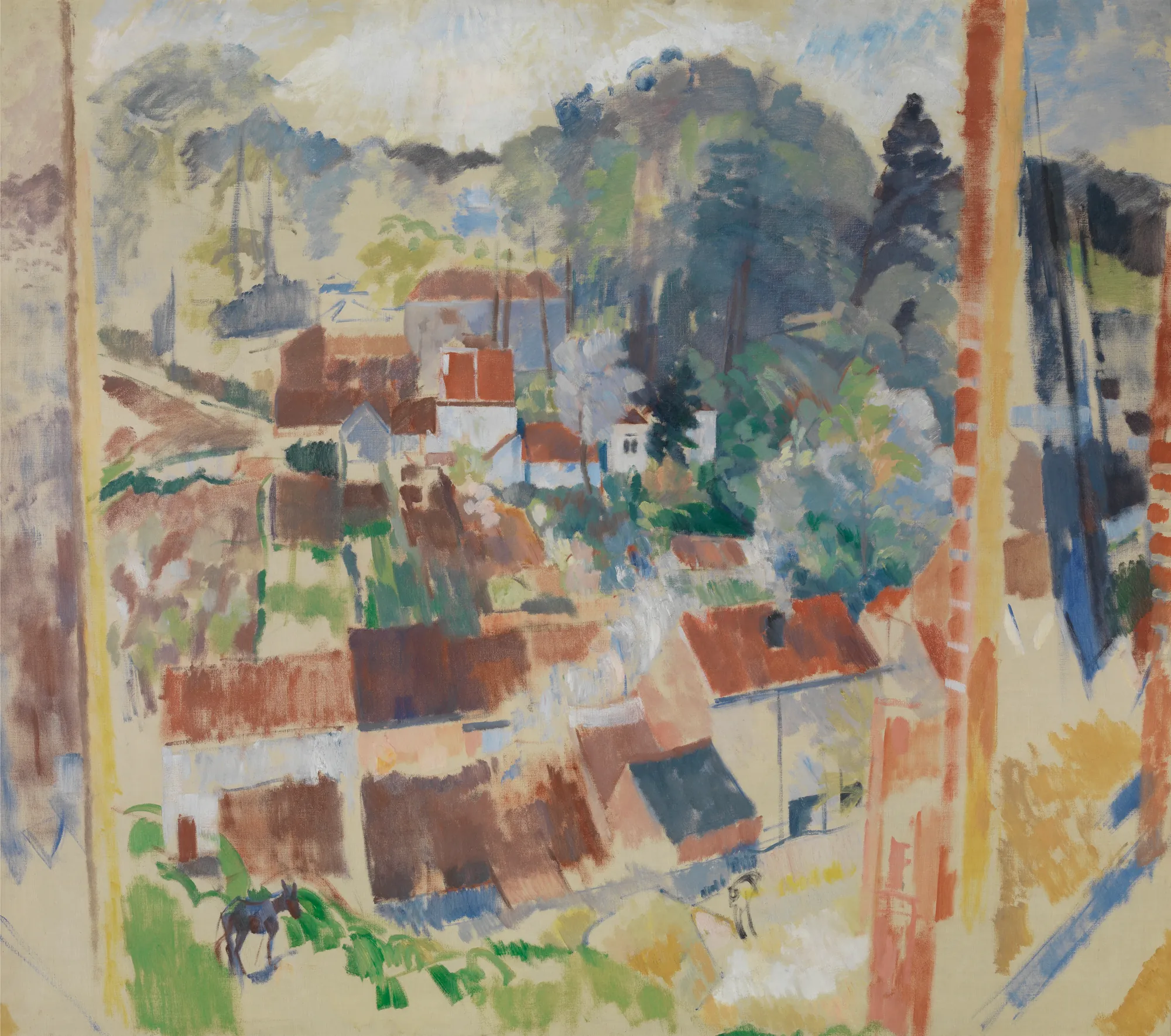Open Window on Bosvoorde Open Window on Bosvoorde by Rik Wouters. An impressionistic view through a window framing a sunlit Belgian village with red-roofed houses nestled among lush green trees.