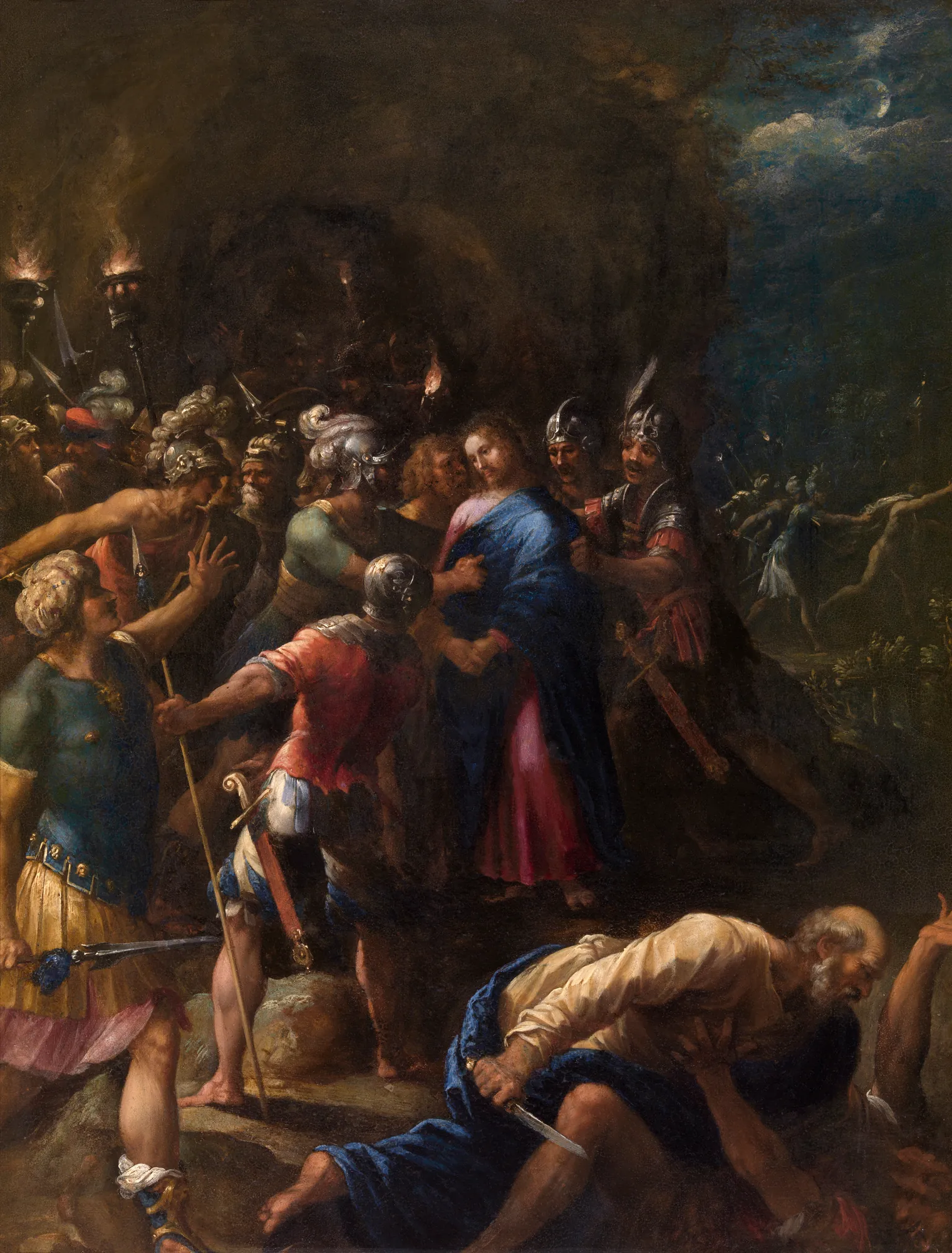 The Kiss of Judas The Kiss of Judas by Hans Rottenhammer. A chaotic night scene showing Judas kissing Jesus while armored soldiers with torches close in and Peter strikes Malchus in the foreground.