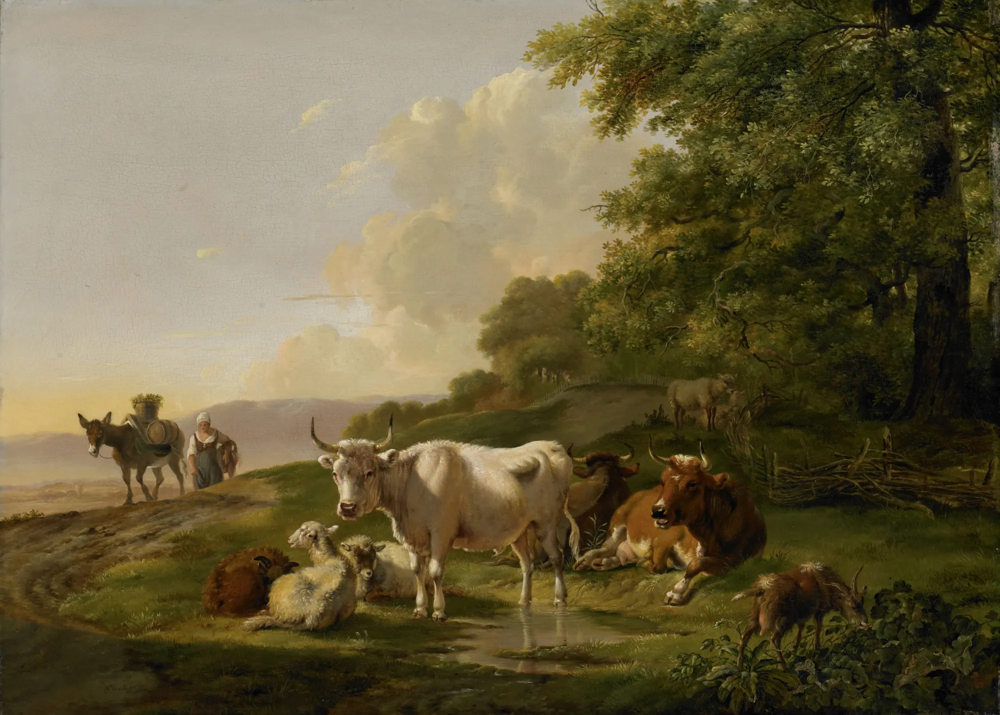 Landscape with Cattle Landscape with Cattle by Pieter Gerardus van Os. A white cow stands centrally in a pastoral landscape surrounded by resting sheep, goats, and a brown cow near a large tree.