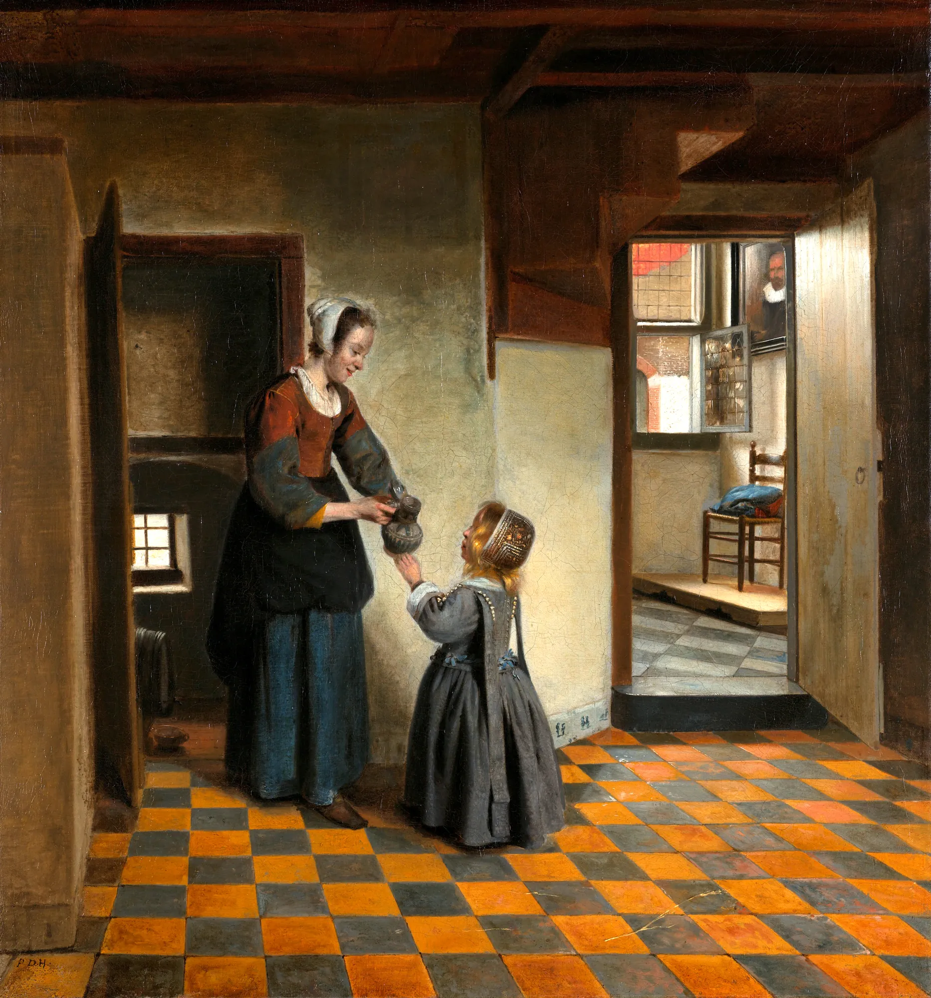 Woman with a Child in a Pantry Woman with a Child in a Pantry by Pieter de Hooch. A domestic interior scene showing a woman in a red bodice handing a jug to a young girl on a checkered floor.