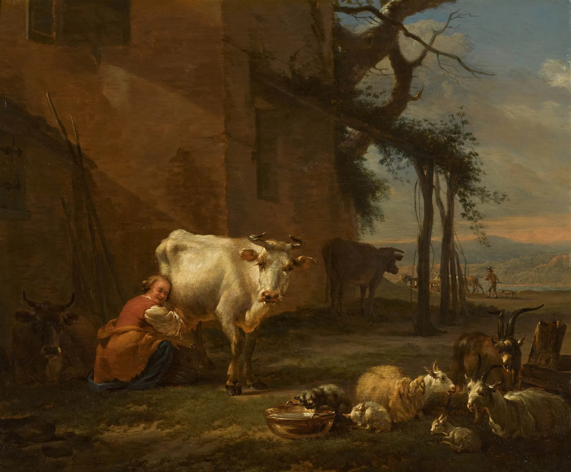A Milkmaid with her Herd in a River Landscape A Milkmaid with her Herd in a River Landscape by Sybrand van Beest. A milkmaid milks a white cow in front of a rustic building, surrounded by various livestock with a river valley in the distance under a sunset sky.