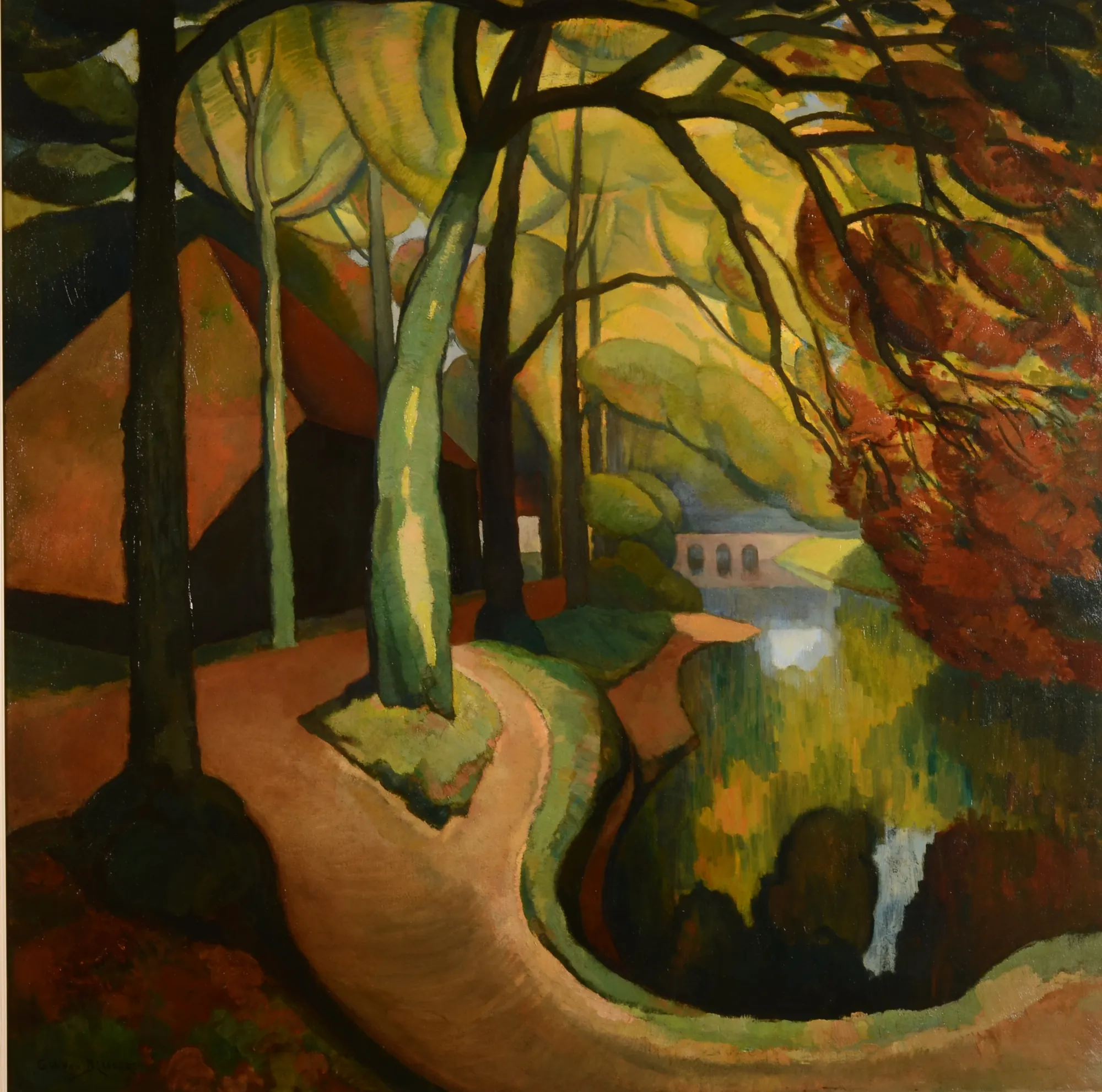 Black Barn at 't Oude Hof Black Barn at 't Oude Hof by Gerrit Willem van Blaaderen. An expressionist landscape featuring a dark barn nestled among stylized trees with vibrant autumn foliage next to a winding river and stone bridge.
