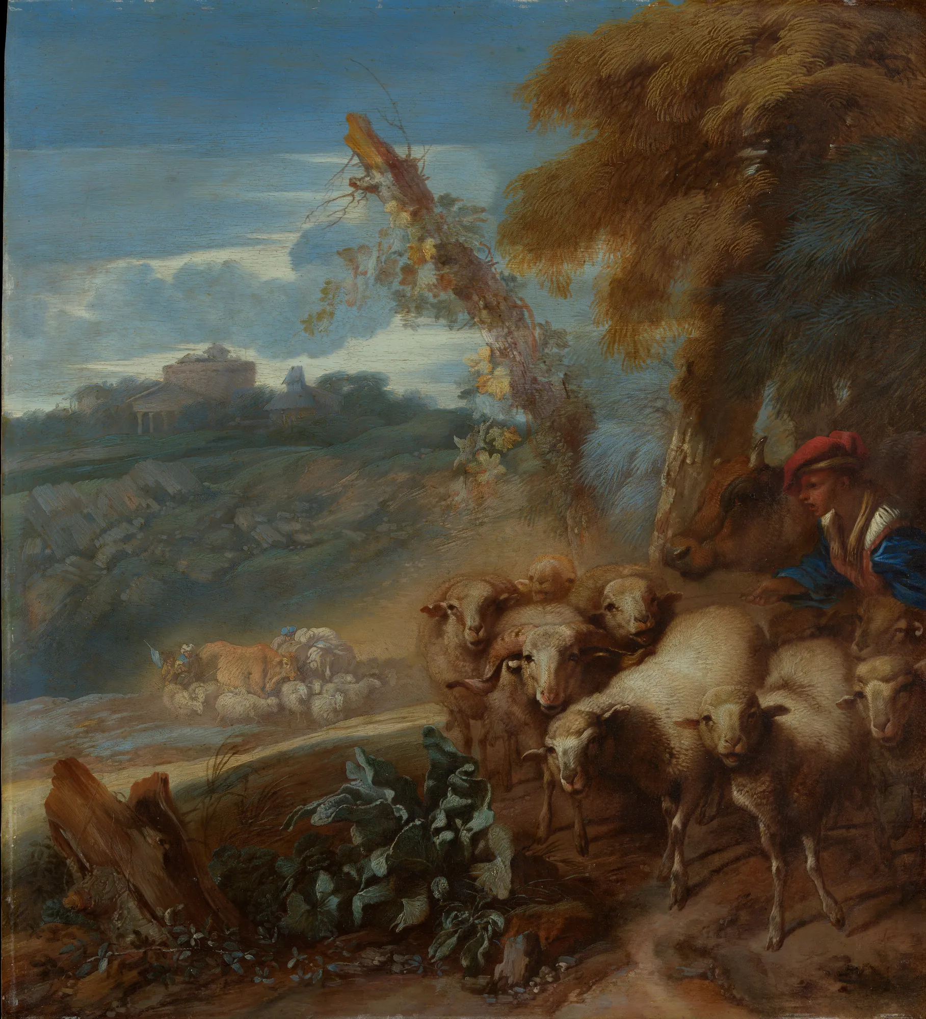 Roman Landscape with a Shepherd and Sheep Roman Landscape with a Shepherd and Sheep by Giovanni Benedetto Castiglione. A shepherd in a red cap stands with a large flock of sheep and cattle in a sunlit landscape with classical ruins in the background.
