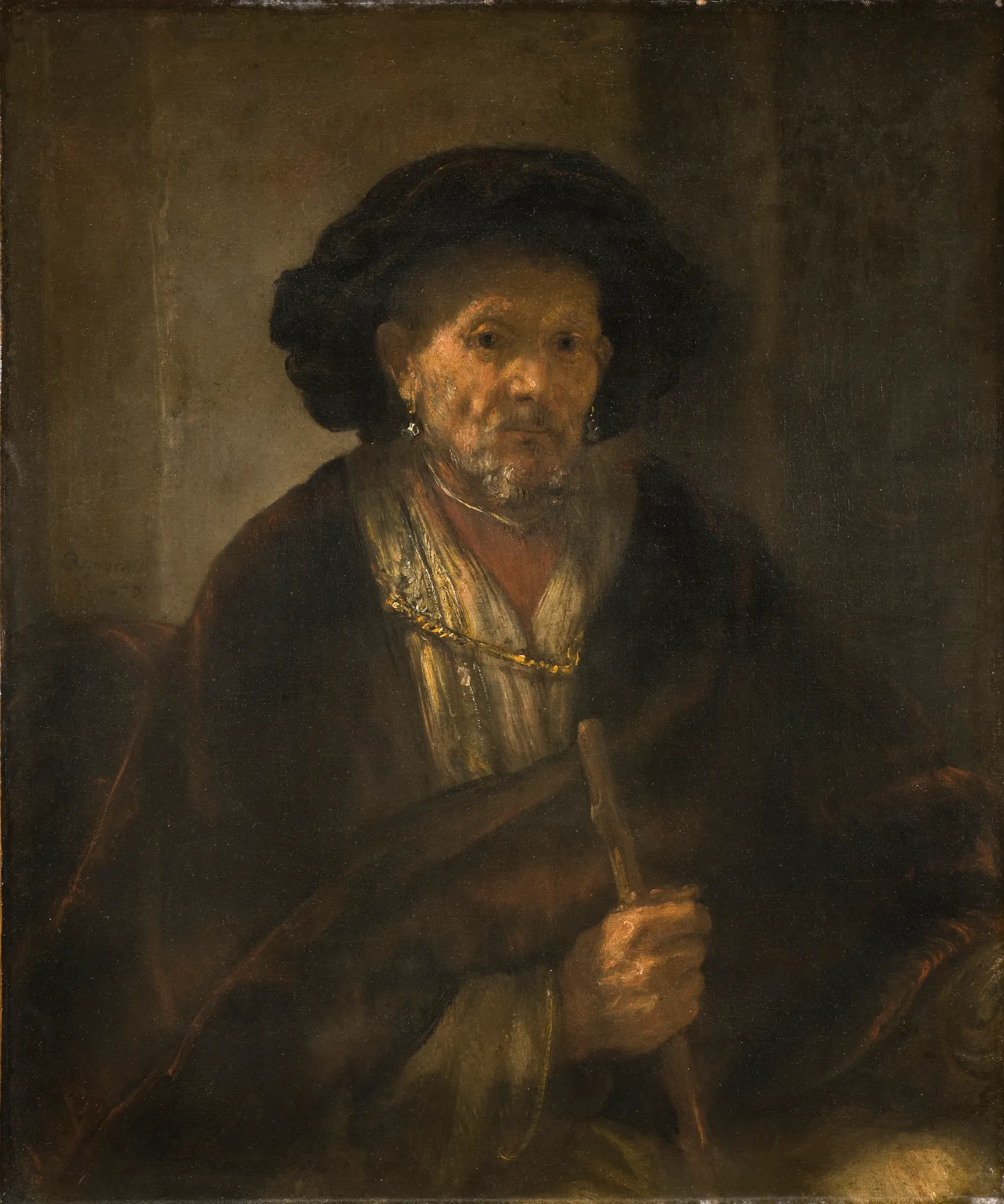 Portrait of a Man with a Cane Portrait of a Man with a Cane by Rembrandt. A half-length portrait of an elderly bearded man wearing a dark beret and cloak, holding a wooden walking stick.