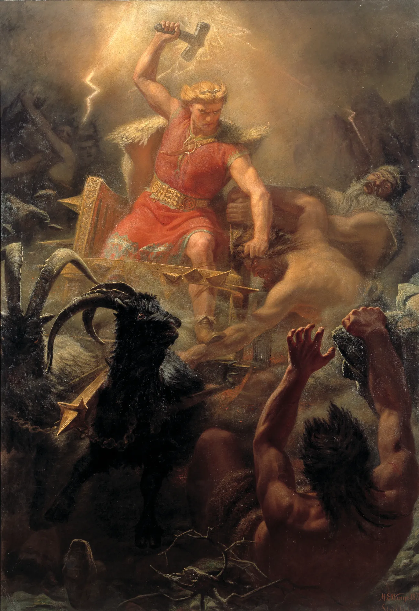 Thor's Fight with the Giants Thor's Fight with the Giants by Mårten Eskil Winge. Thor stands in a chariot pulled by two black goats, raising his hammer Mjölnir against a backdrop of lightning and giants.