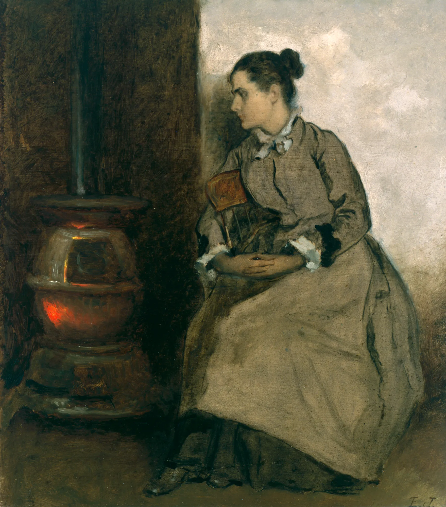 Ruth Ruth by Eastman Johnson. A woman in a grey dress is seated in profile next to a warm, glowing cast-iron stove in a dim interior.