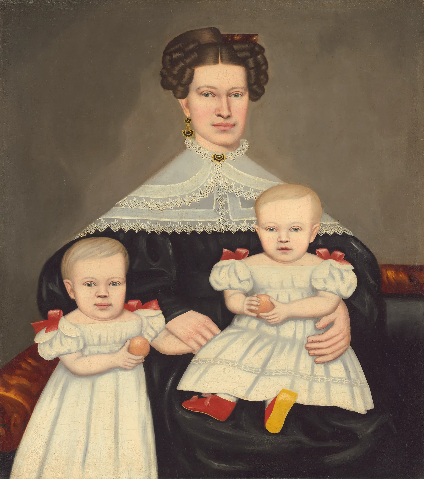 Mrs. Paul Smith Palmer and Her Twins Mrs. Paul Smith Palmer and Her Twins by Erastus Salisbury Field. A 19th-century portrait of a woman in a dark dress with a wide lace collar, seated with two infants in white gowns.