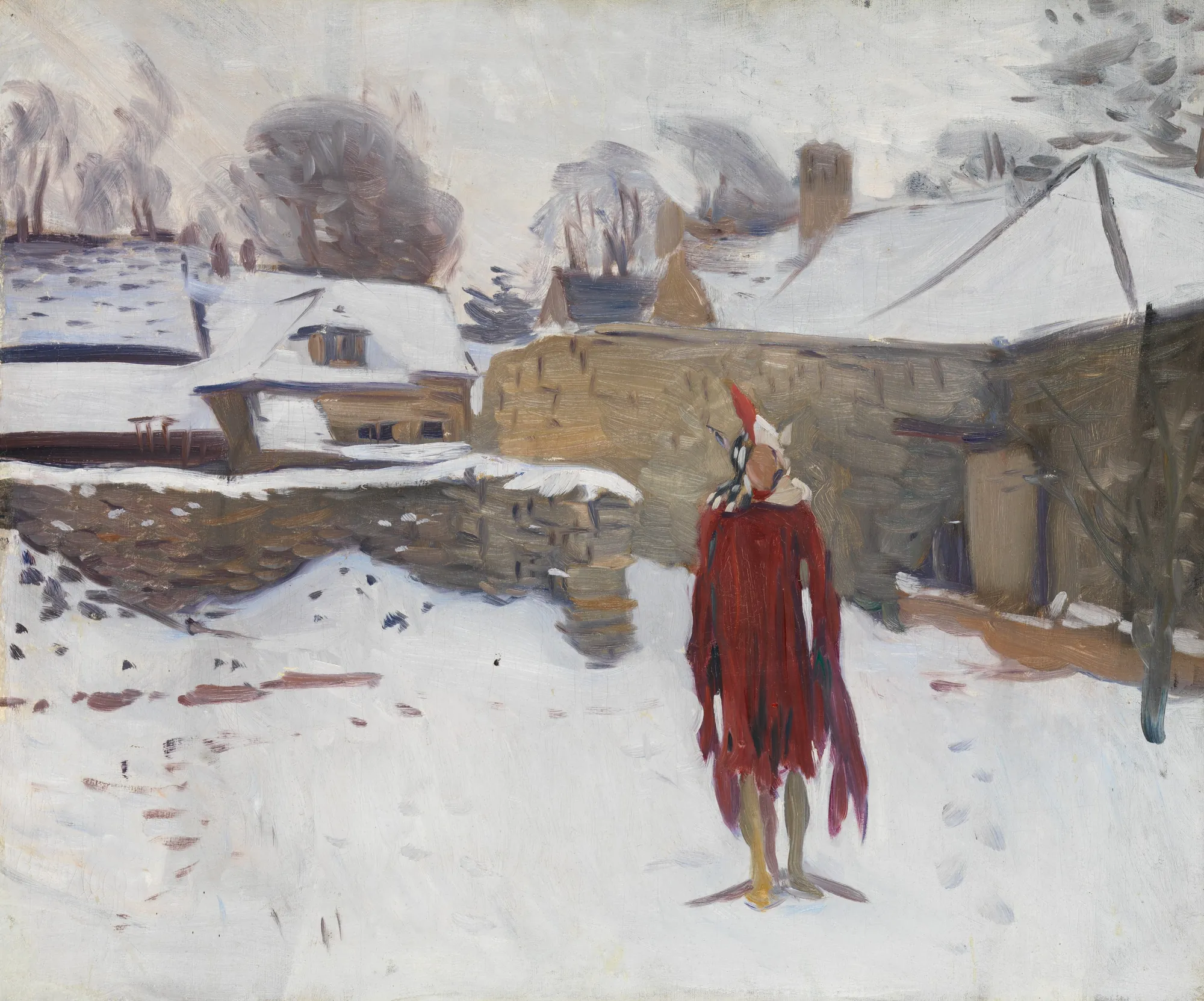 Mannikin in the Snow Mannikin in the Snow by John Singer Sargent. A mannequin dressed in a long red jester-like costume stands in a snowy courtyard before a low stone wall and white-roofed buildings.
