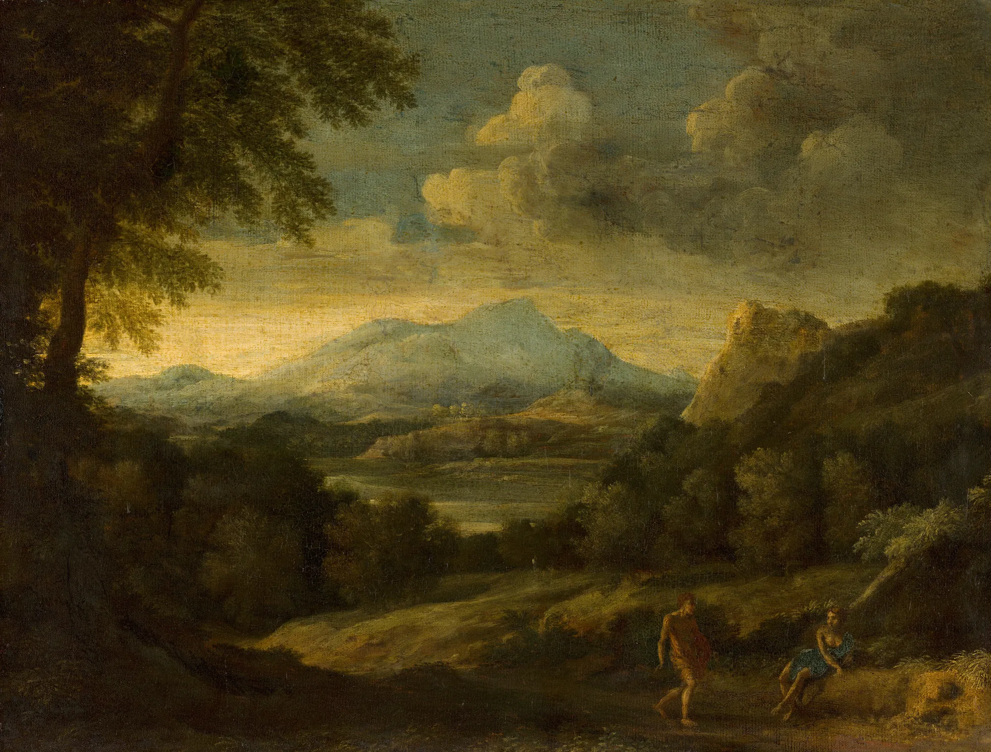 Mountainous Landscape Mountainous Landscape by Gaspard Dughet. A classical mountainous landscape with figures in the foreground, framed by large trees and a dramatic, clouded sky.