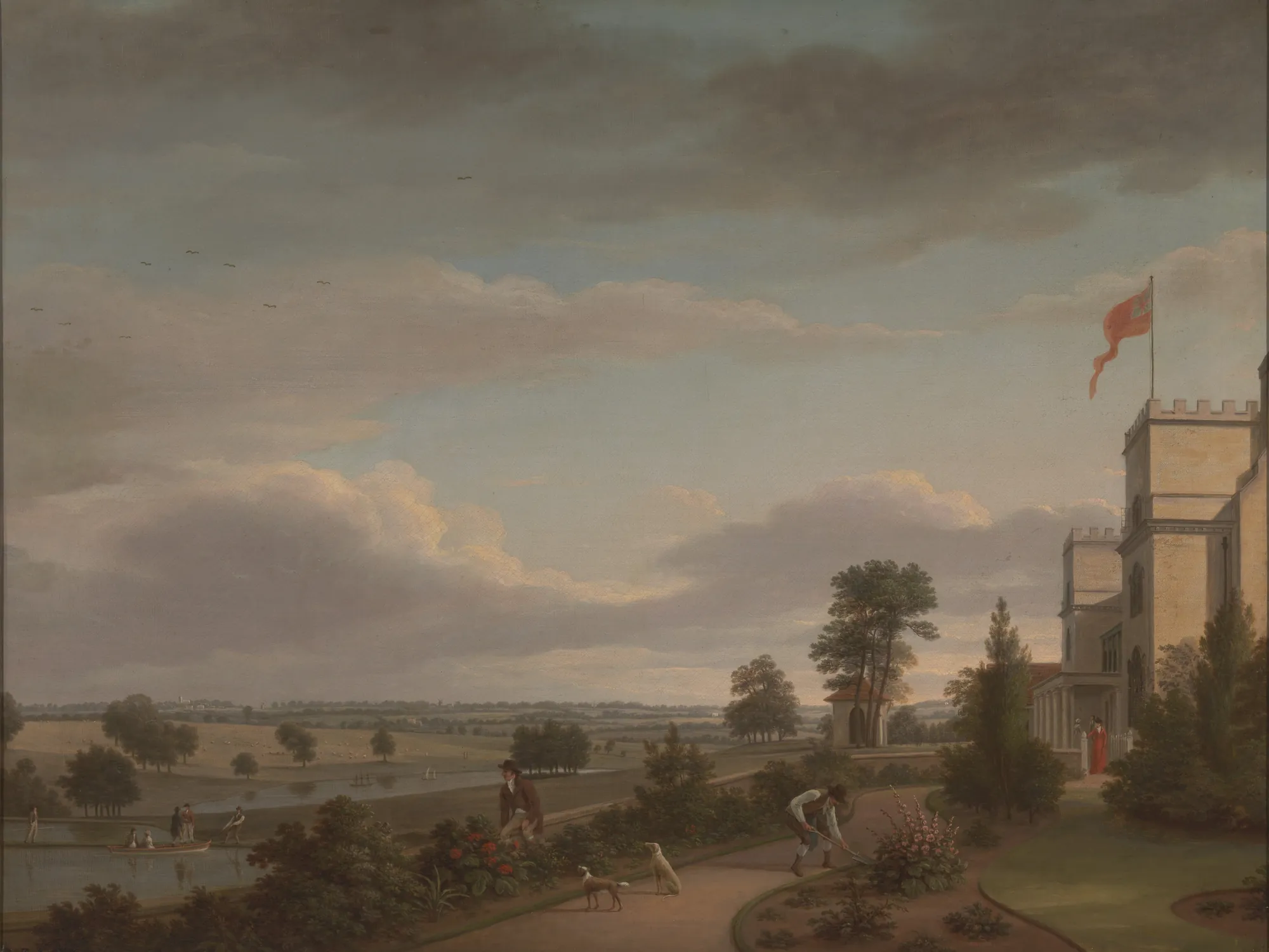 A Country House in a River Landscape A Country House in a River Landscape by Unknown Artist. An expansive landscape showing a grand country house with a red flag, overlooking a garden and a distant river.