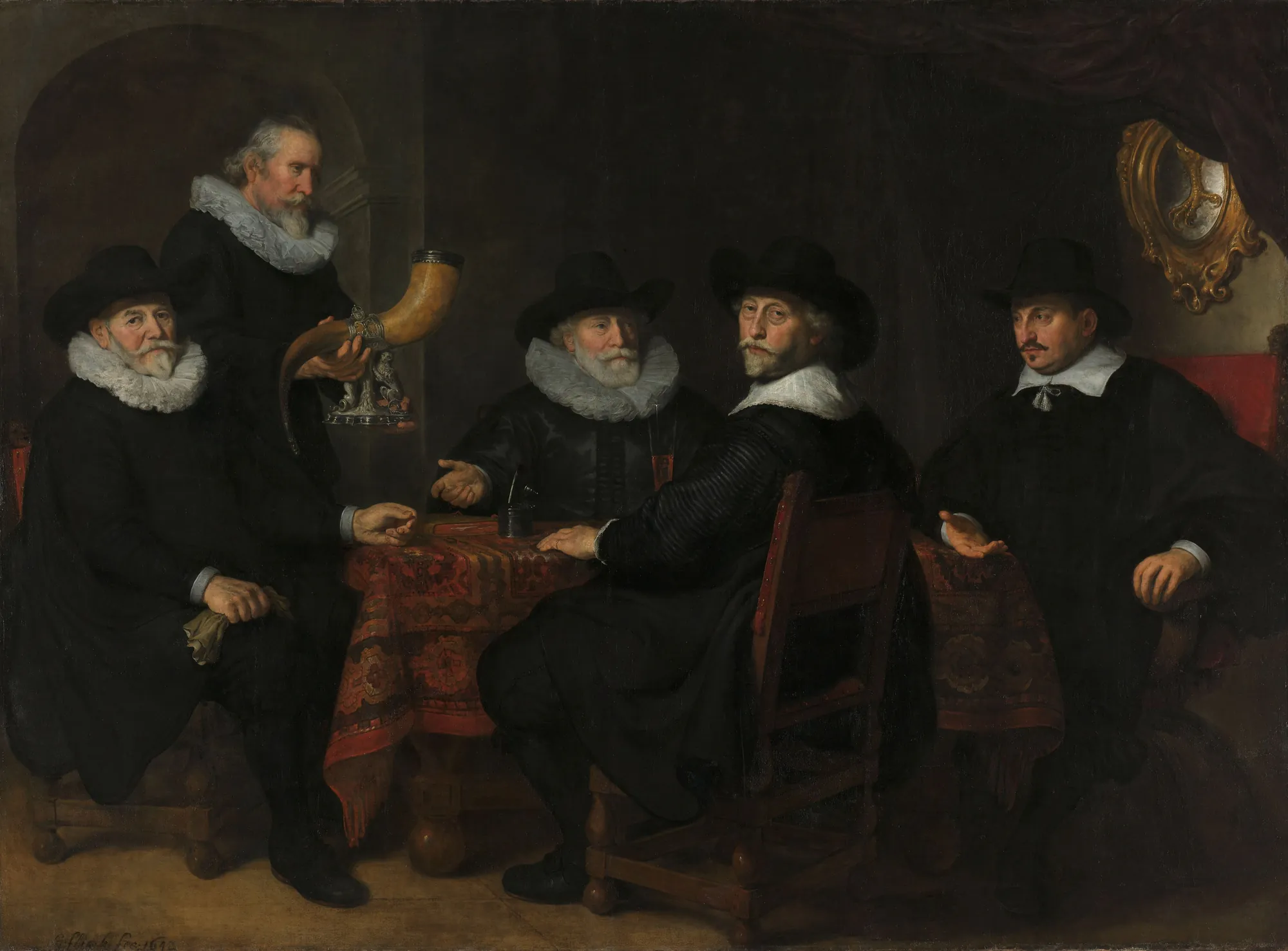 Four Directors of the Arquebusier's Guild Four Directors of the Arquebusier's Guild by Govert Flinck. Five men in traditional 17th-century Dutch black attire and white ruffs are gathered around a table covered in a patterned cloth, with one man holding a large drinking horn.