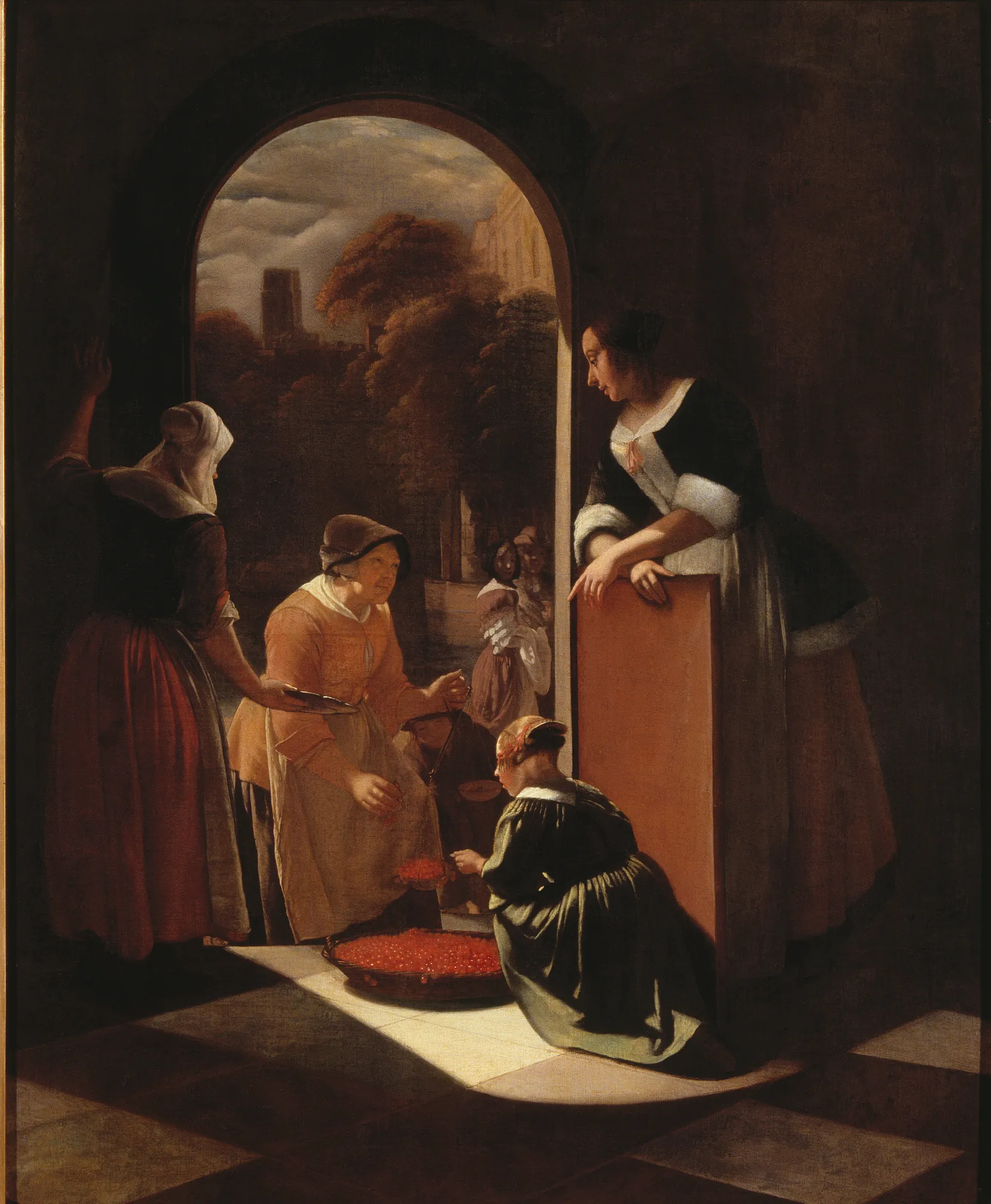 Cherry Seller at the Front Door Cherry Seller at the Front Door by Jacob Ochtervelt. A group of women and a child are gathered at a sunlit arched doorway, where a seated merchant is selling cherries from a large basket into a dark interior.