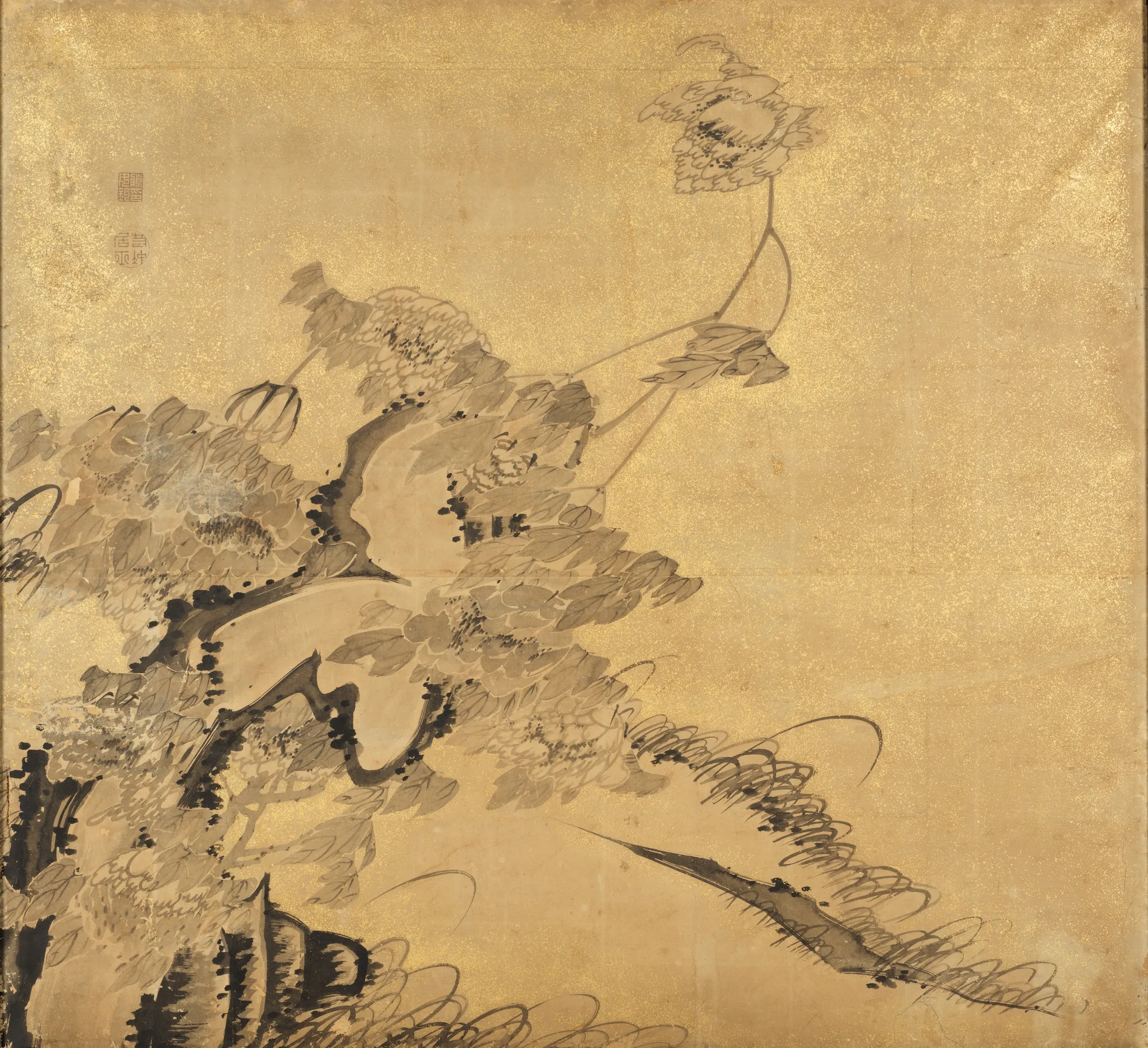 Crabs and Peonies Crabs and Peonies by Itō Jakuchū. An expressive ink wash painting of blossoming peonies against a luminous gold leaf background.