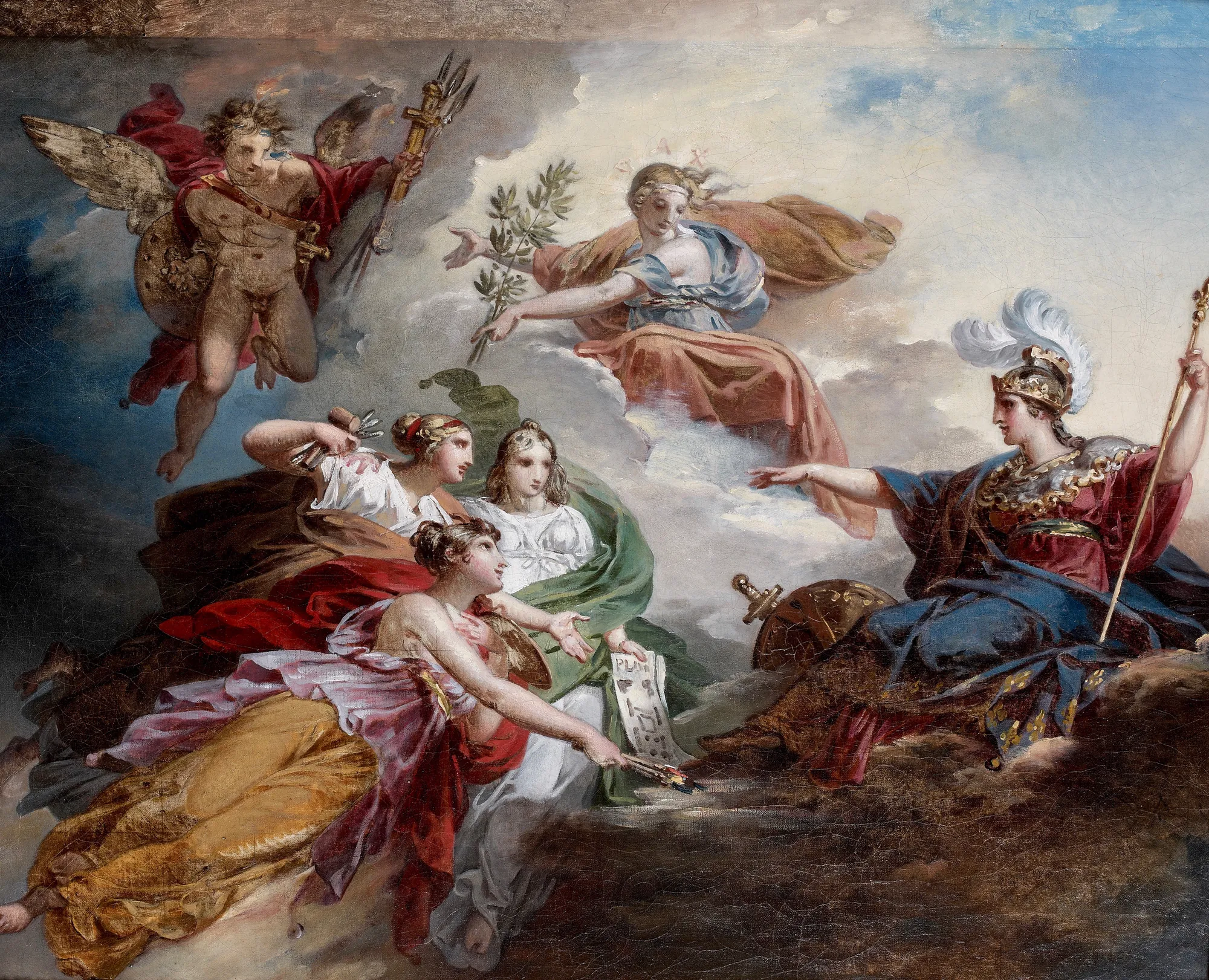 France as Minerva Protecting the Arts France as Minerva Protecting the Arts by Charles Meynier. An allegorical oil painting depicting multiple figures in a celestial setting, featuring a helmeted woman representing France as Minerva on the right.