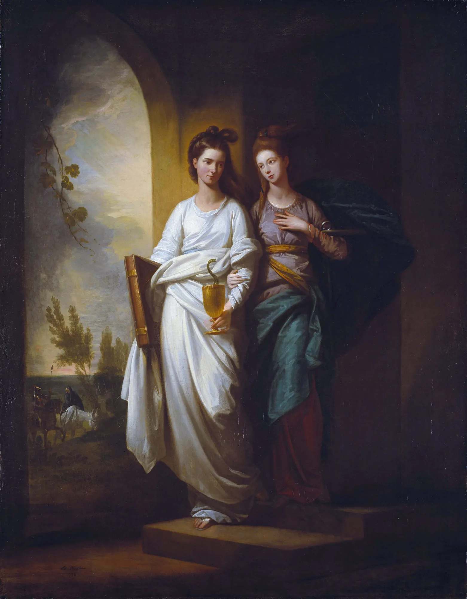 Fidelia and Speranza Fidelia and Speranza by Benjamin West. Two women in classical drapery, one holding a book and chalice and the other an anchor, stand together in a stone doorway opening to a landscape.