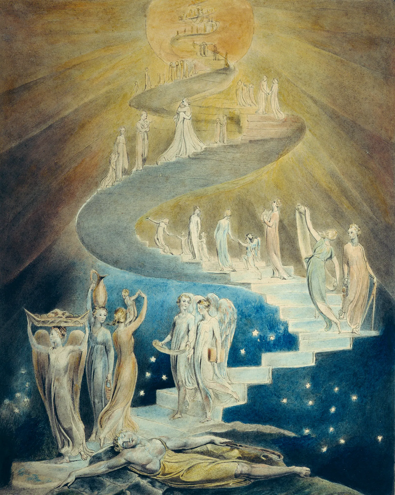 Jacob's Ladder Jacob's Ladder by William Blake. A luminous spiral staircase ascends from a sleeping figure on earth toward a radiant sun in the heavens, populated by ethereal figures.