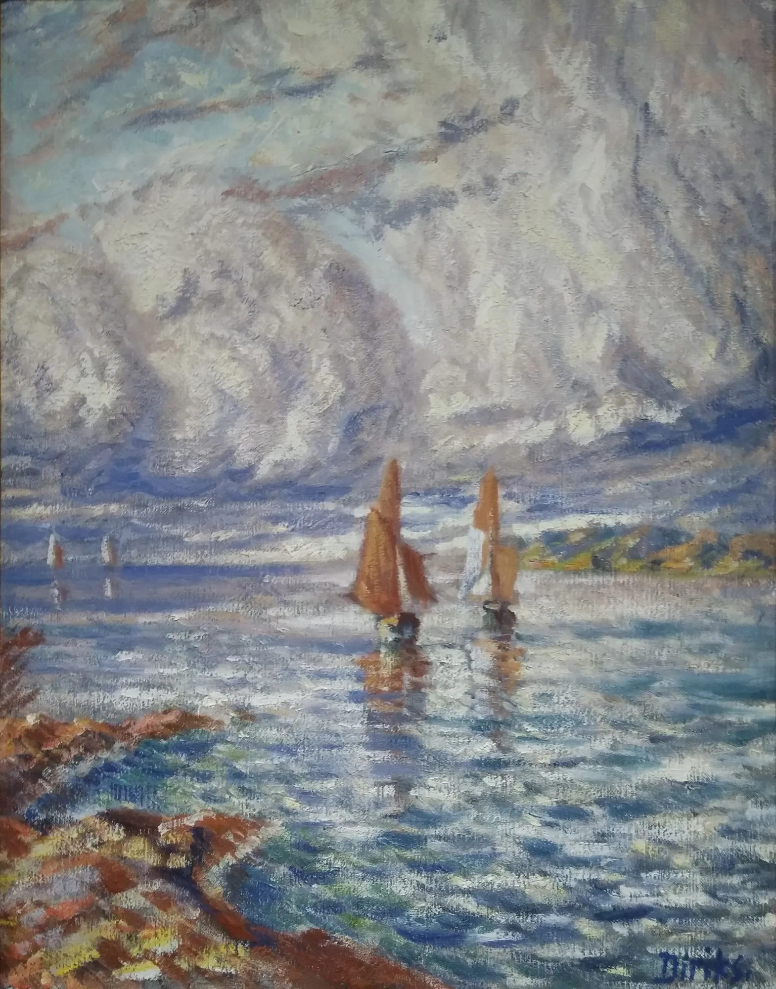 Estuary with Sailboats under a Cloudy Sky