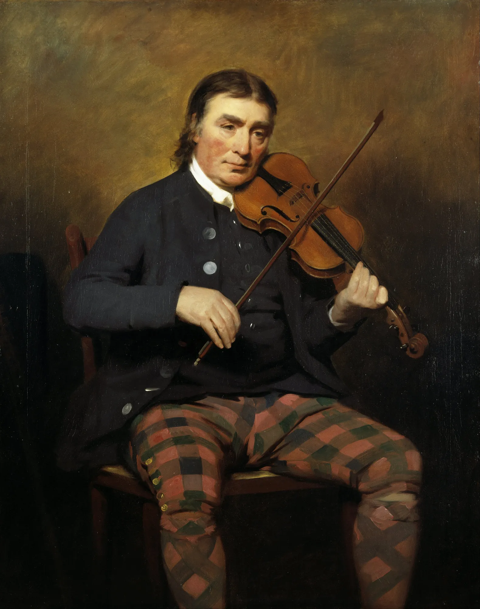 Niel Gow Niel Gow by Henry Raeburn. A three-quarter length portrait of an older man playing a violin, wearing a dark blue coat and red and green tartan trews.