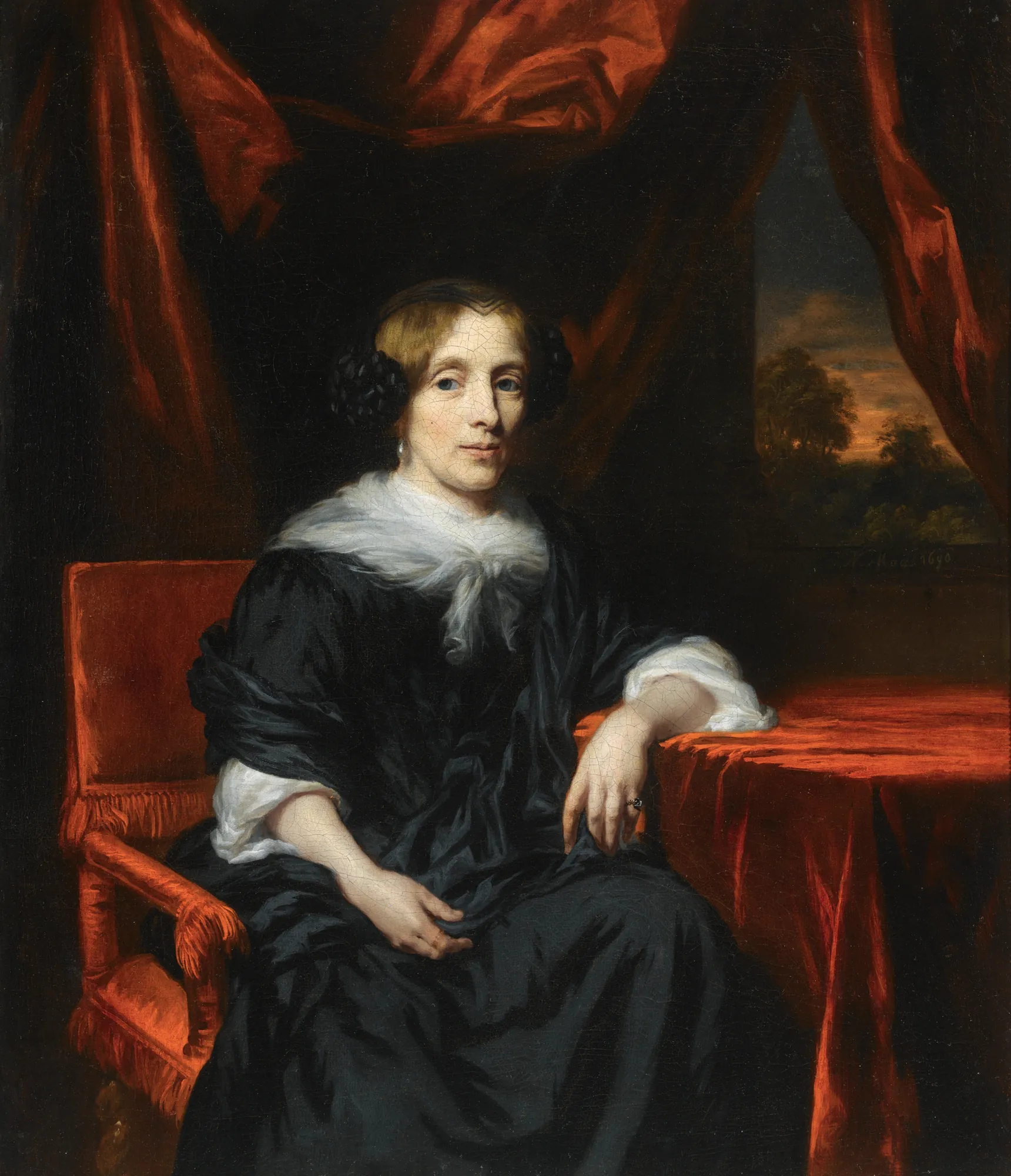Portrait of a Woman in a Black Dress Seated in a Red Velvet Chair