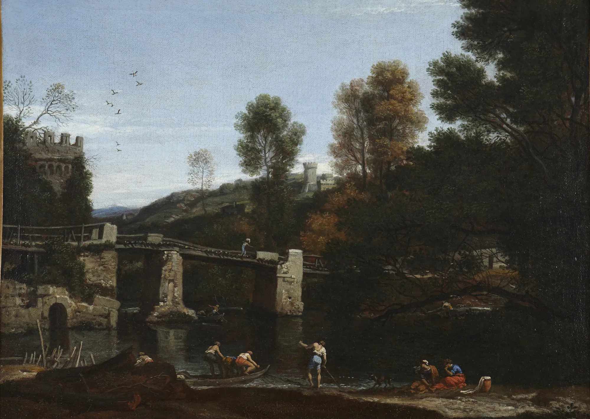 A Bridge Flanked by a Tower in the Roman Campagna, with Fisherman and Maidens in the Foreground
