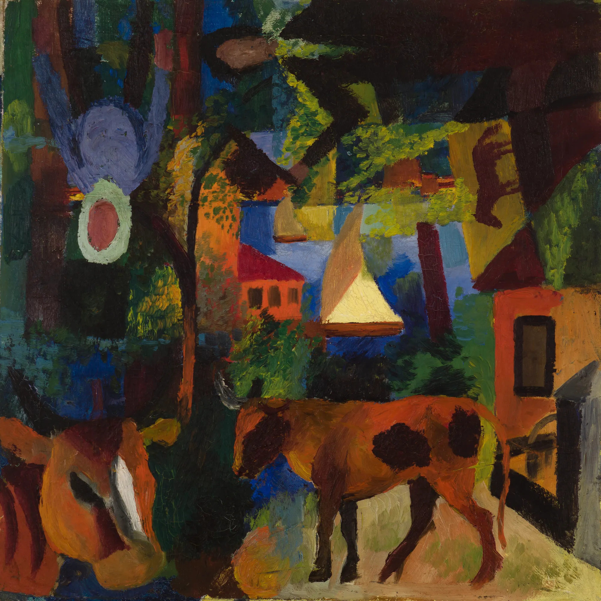 Landscape with Cows, Sailboat, and Figures