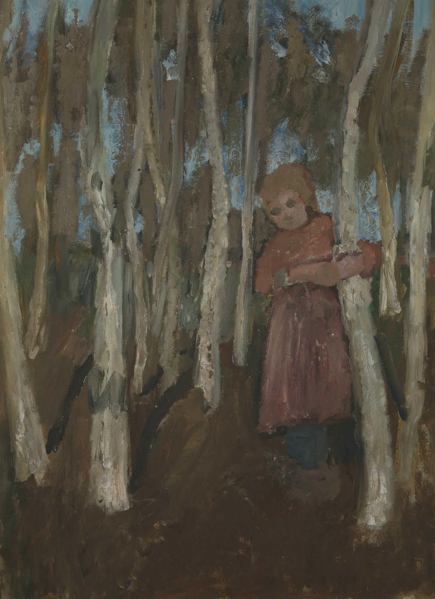 Girl in a Birch Forest Girl in a Birch Forest by Paula Modersohn-Becker. A young girl in a reddish-brown dress stands among slender birch trees in a dark forest.