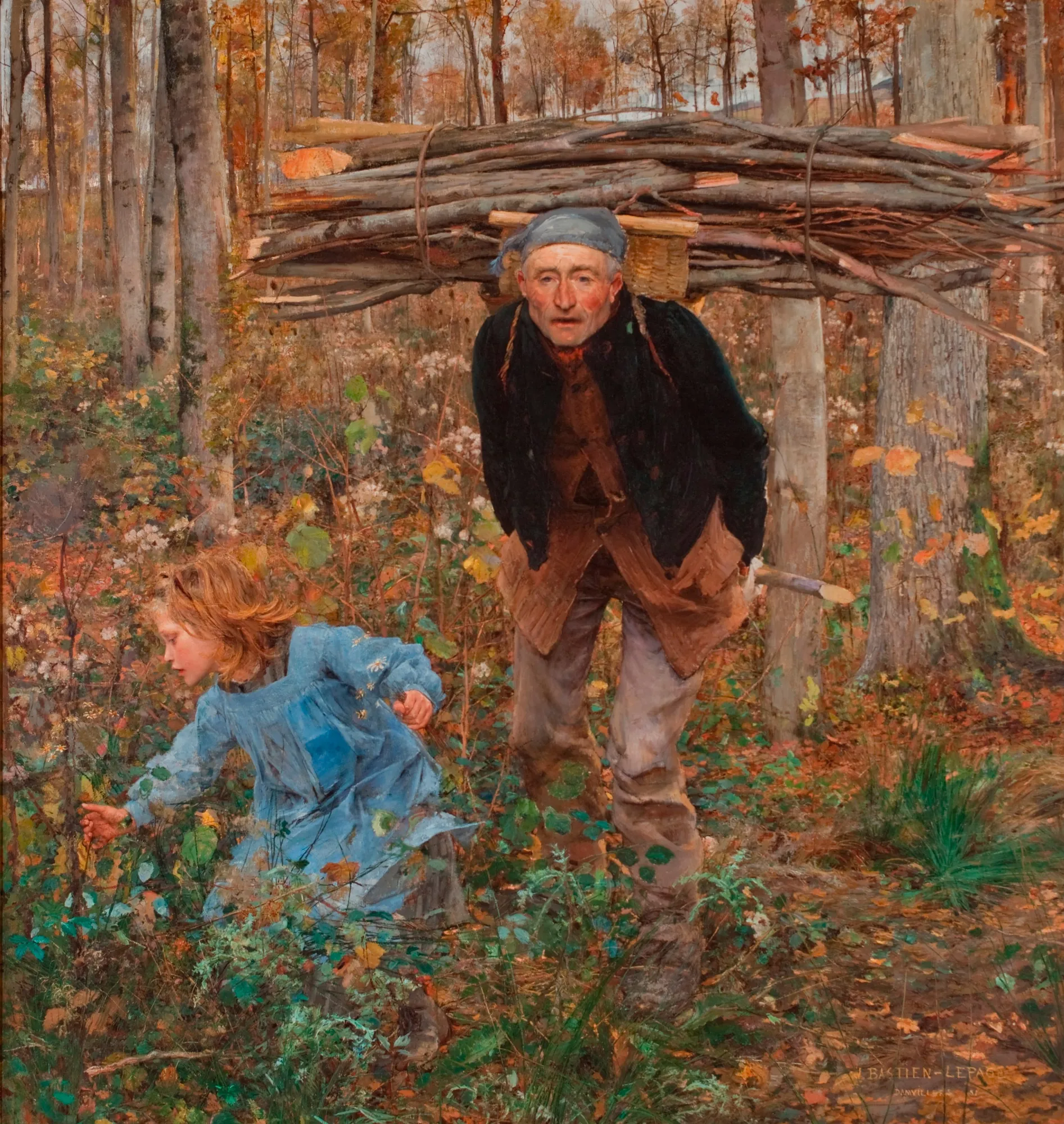 The Wood Gatherer The Wood Gatherer by Jules Bastien-Lepage. An elderly man carries a massive bundle of dry branches through an autumnal forest while a young girl in a blue dress gathers plants nearby.
