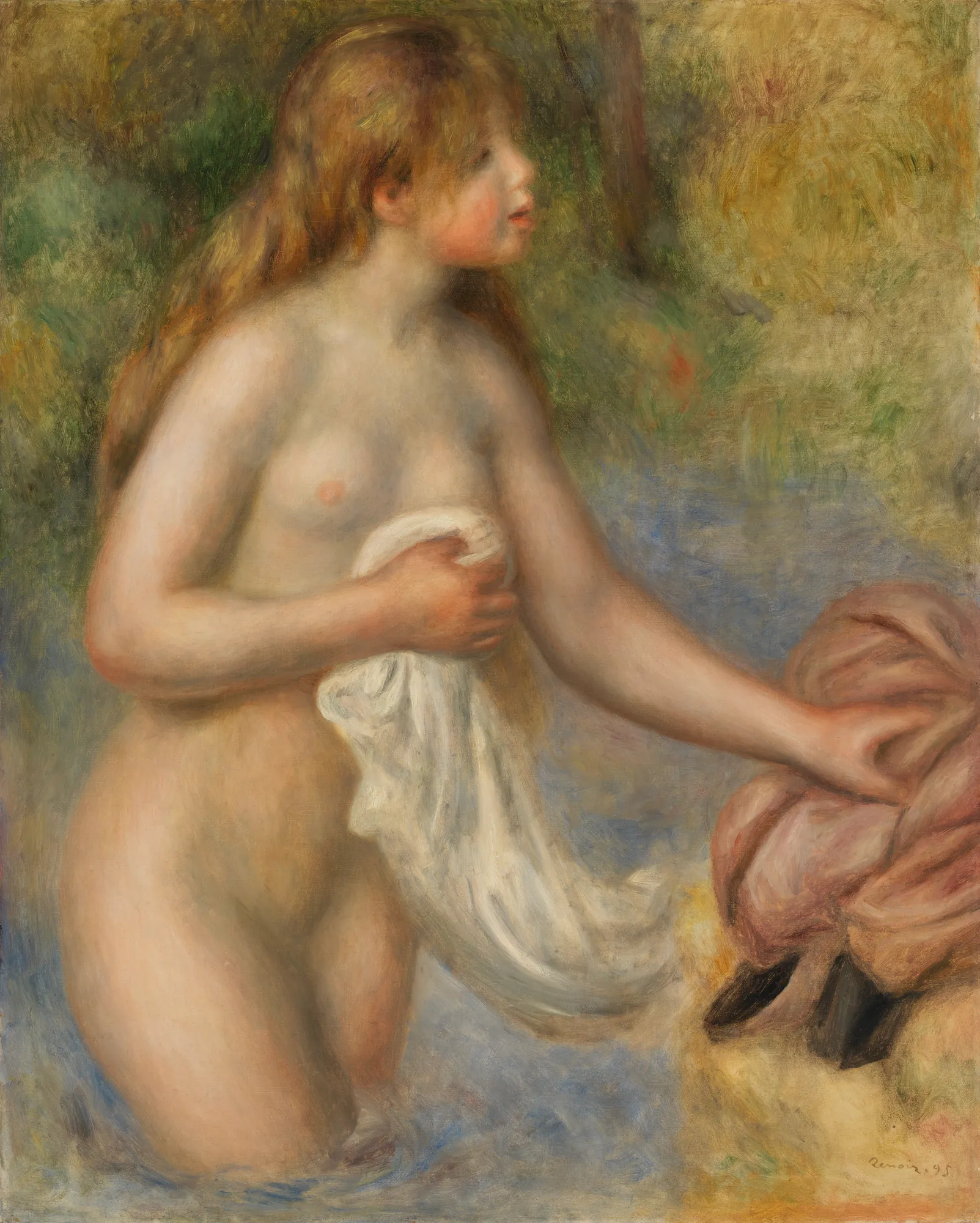Bather (Baigneuse) Bather (Baigneuse) by Pierre-Auguste Renoir. An Impressionist painting of a nude woman with long blonde hair, standing waist-deep in water and holding a white cloth against a soft, green landscape.