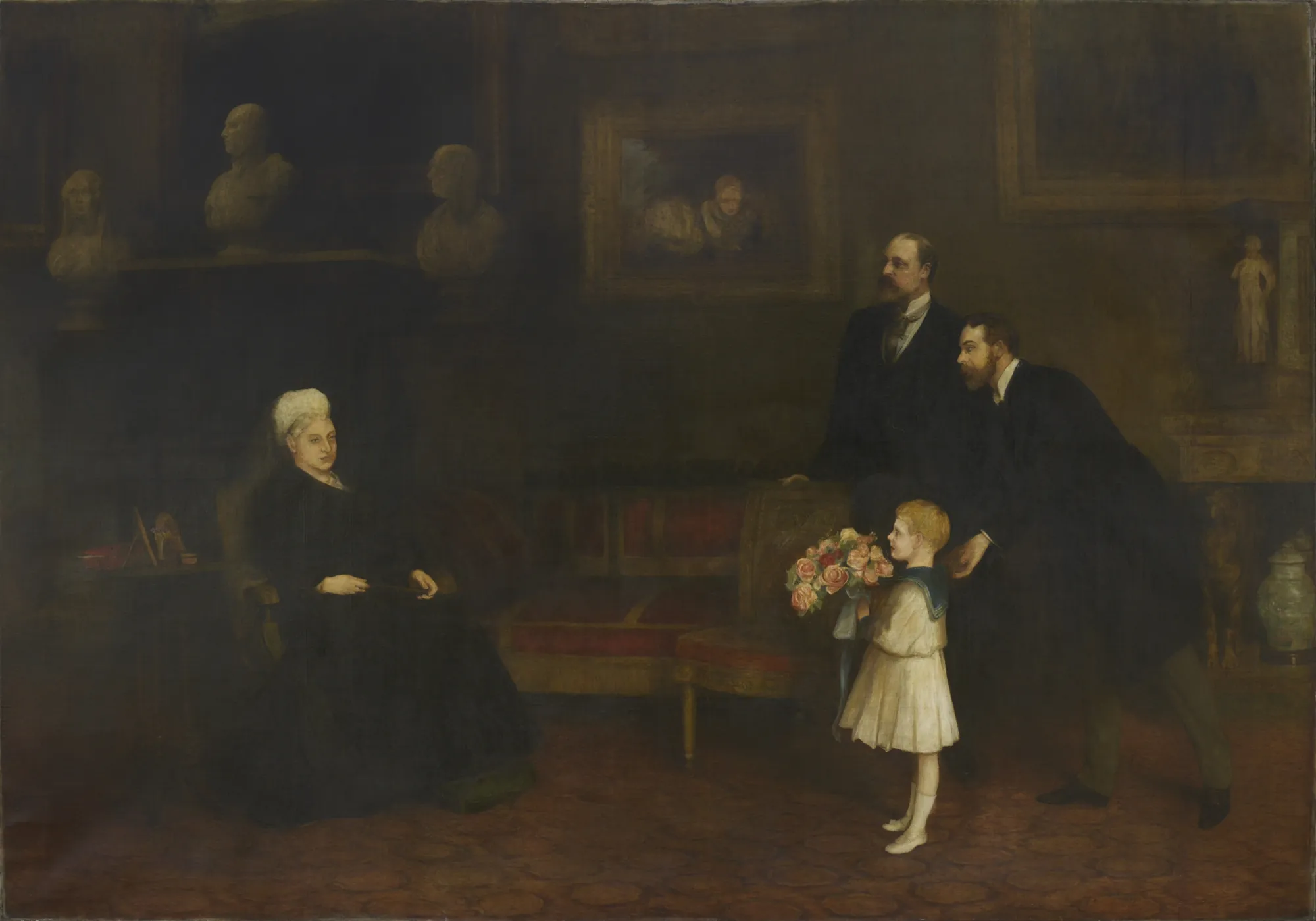 Four Generations: Queen Victoria and Her Descendants Four Generations: Queen Victoria and Her Descendants by William Quiller Orchardson. Queen Victoria is seated in a dark, stately interior as three generations of her male descendants present her with a bouquet of flowers.