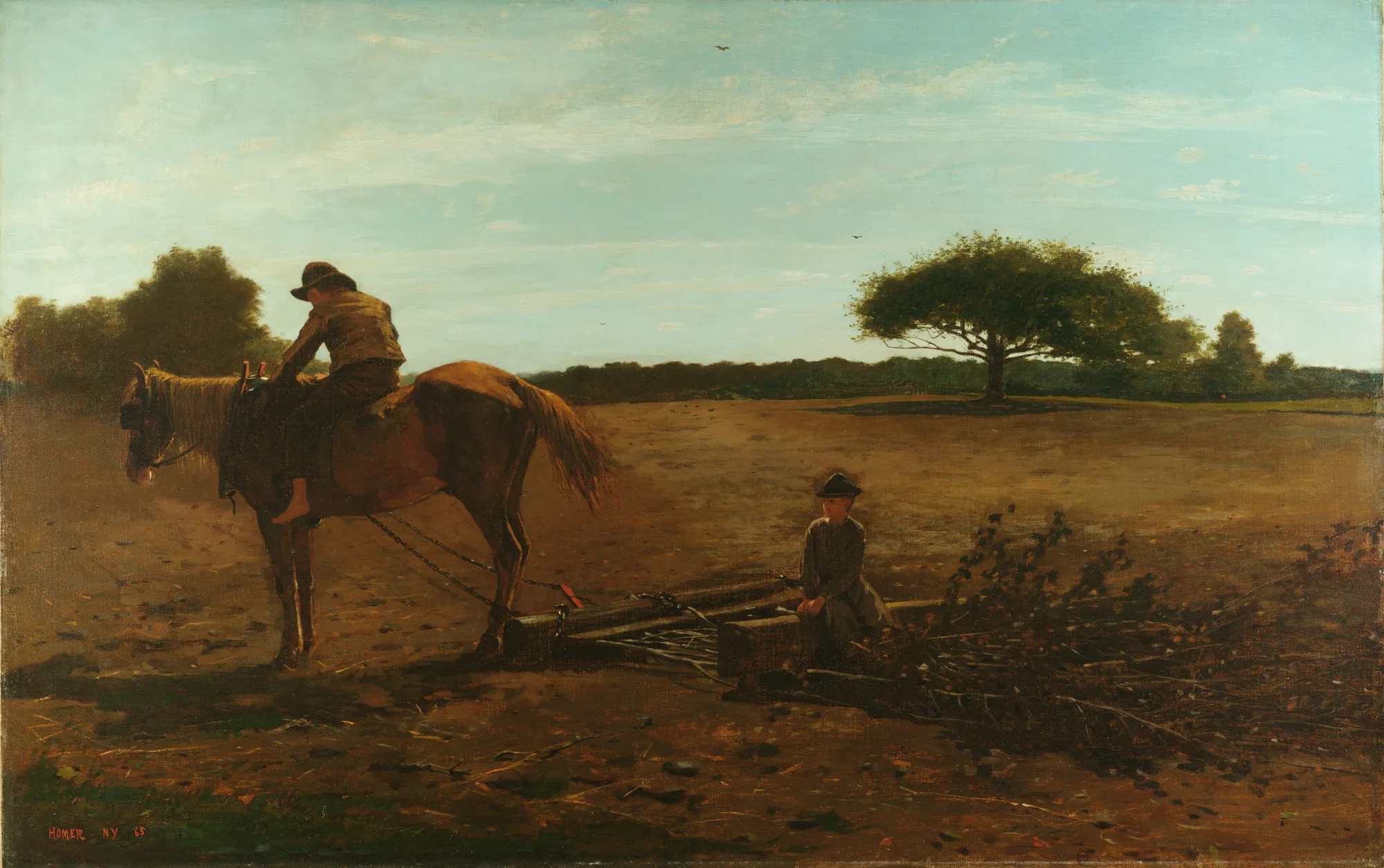The Brush Harrow The Brush Harrow by Winslow Homer. Two boys are seen in a field, one mounted on a horse and the other sitting on a brush harrow under a wide, pale blue sky.