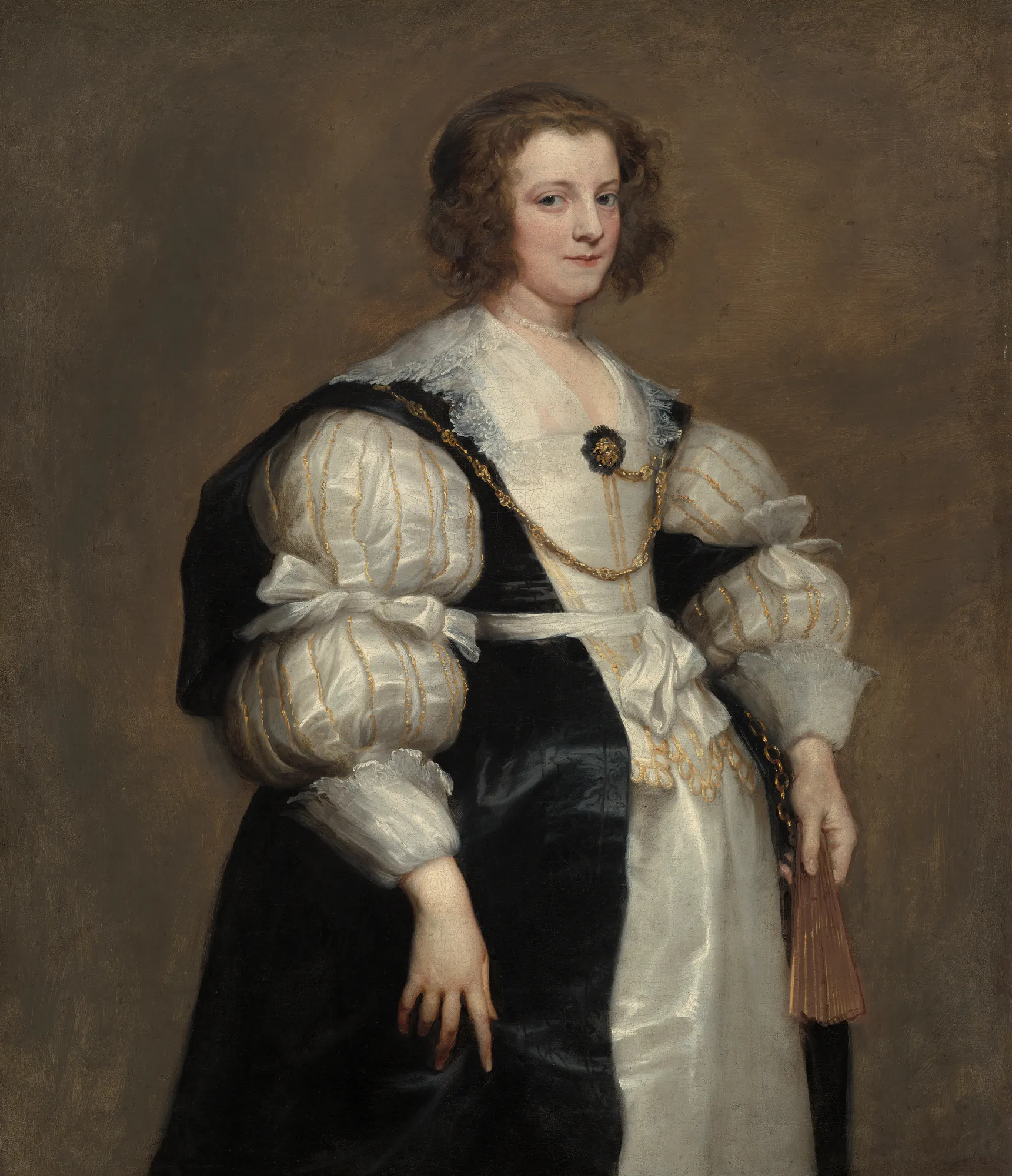 Lady with a Fan Lady with a Fan by Anthony van Dyck. A three-quarter length portrait of a woman in a black and white seventeenth-century dress, holding a folded fan against a neutral background.