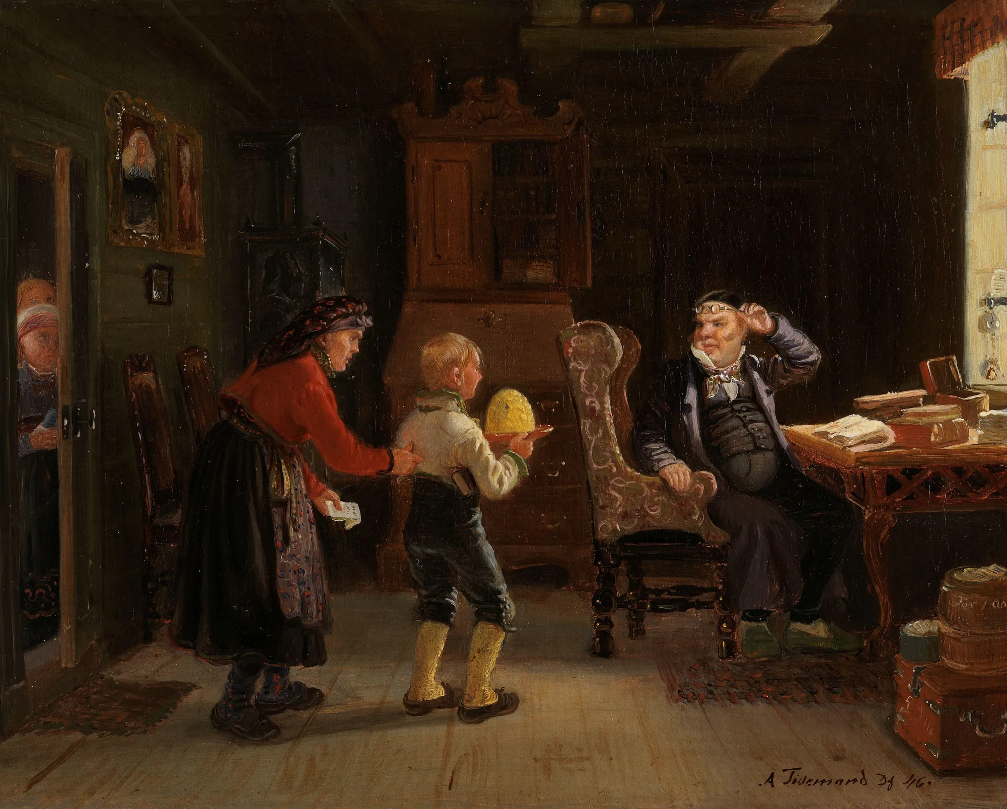 Anmeldelse til Konfirmasjon Anmeldelse til Konfirmasjon by Adolph Tidemand. A 19th-century oil painting depicting a mother and son in a rustic, wood-paneled interior standing before an official seated at a desk with books.