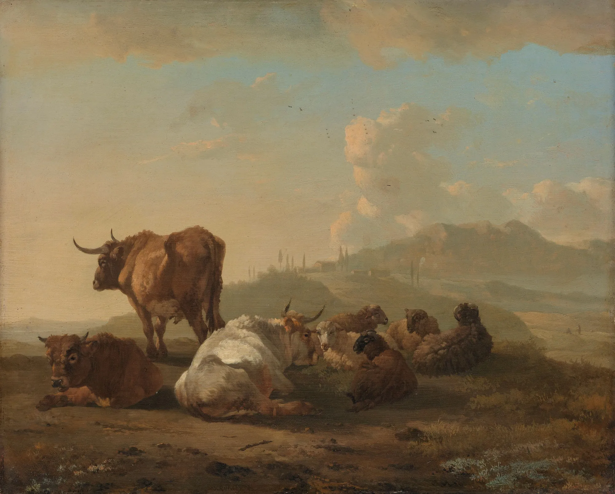 Resting Herd Resting Herd by Willem Romeyn. A standing ox and several resting cattle and sheep are depicted in a hilly landscape under an expansive, cloudy sky.