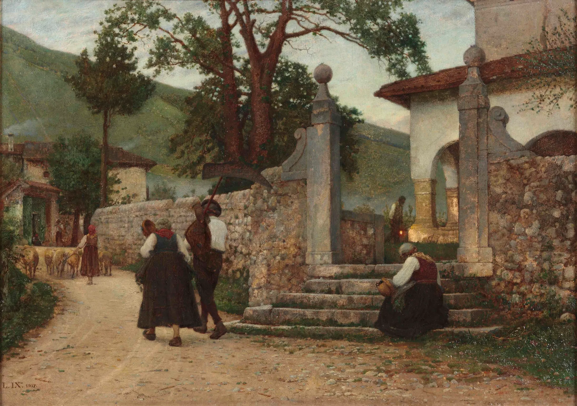 Hail Mary in Coltura Hail Mary in Coltura by Luigi Nono. Villagers in traditional dress walk along a dirt path near a stone building and steps as evening light filters through the trees.