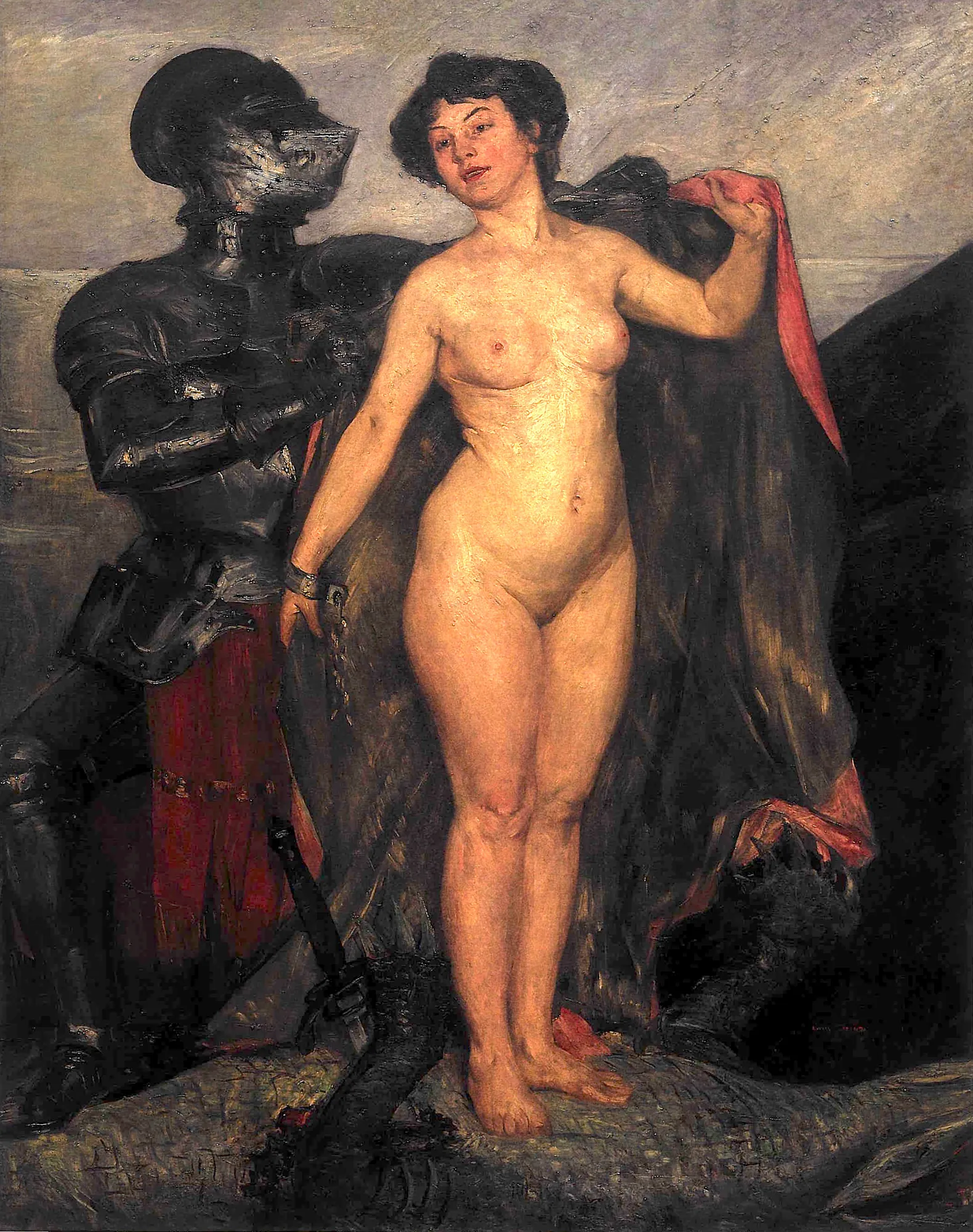 Perseus and Andromeda Perseus and Andromeda by Lovis Corinth. A knight in full plate armor stands beside a nude woman who holds a red-lined black cloak, while both stand atop a defeated sea monster.