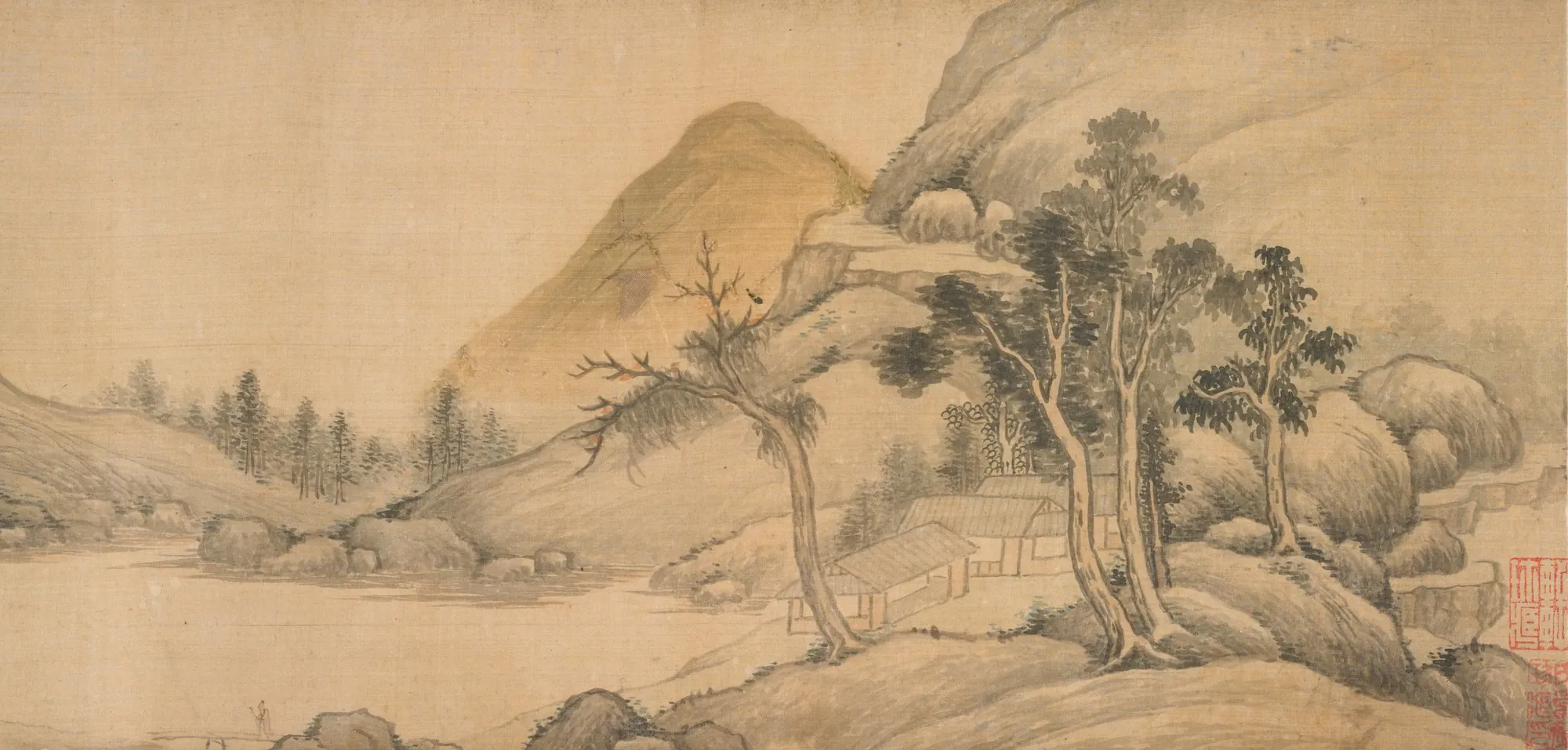 Scenic Beauty Along Rivers and Mountains Scenic Beauty Along Rivers and Mountains by Bian Wenyu. A traditional Chinese landscape painting featuring rolling mountains, clusters of trees, and small cottages nestled by a river.