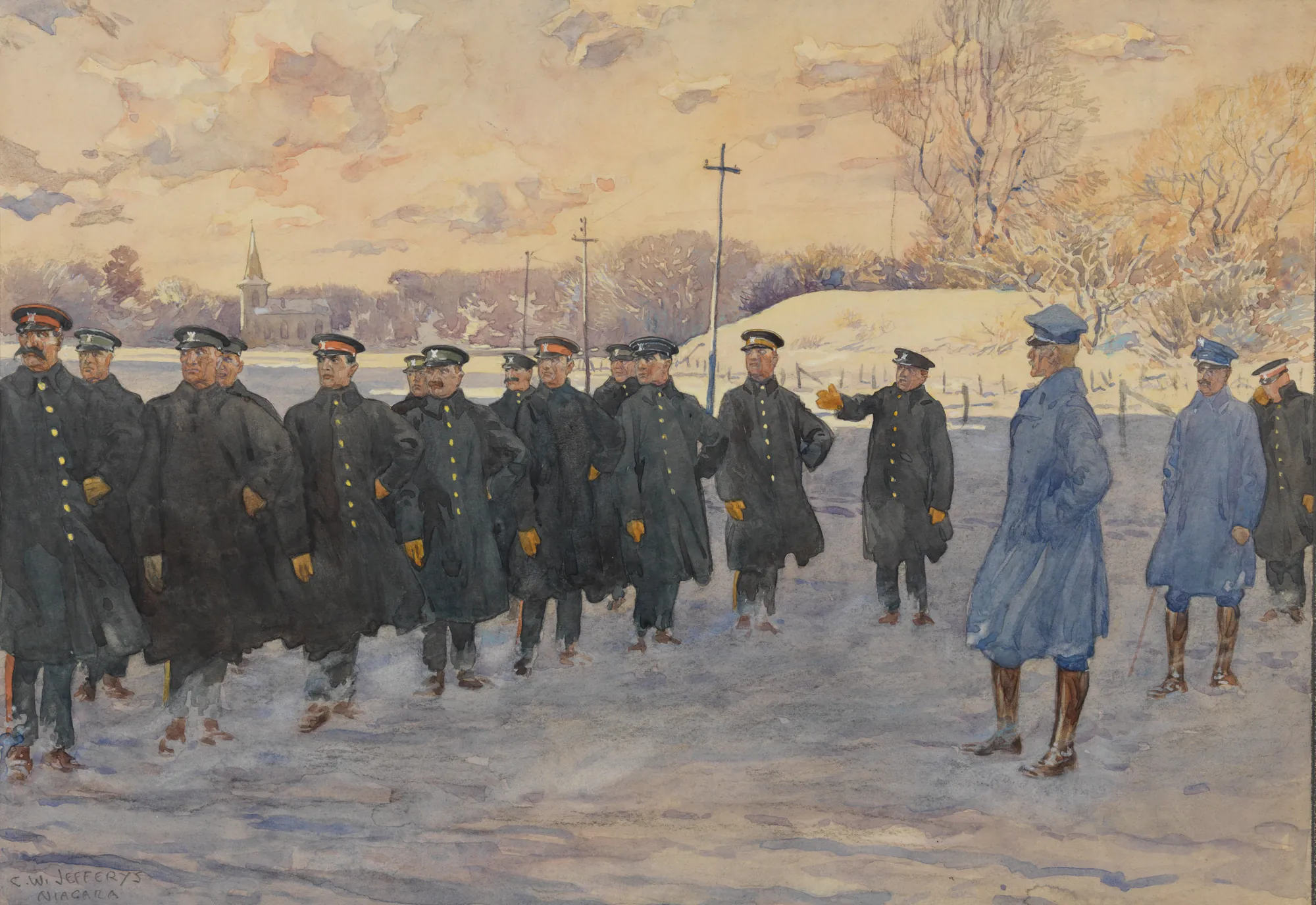 Polish Soldiers Forming Line Polish Soldiers Forming Line by Charles William Jefferys. A group of soldiers in dark greatcoats stand in formation on a snowy field being addressed by an officer in a blue coat.