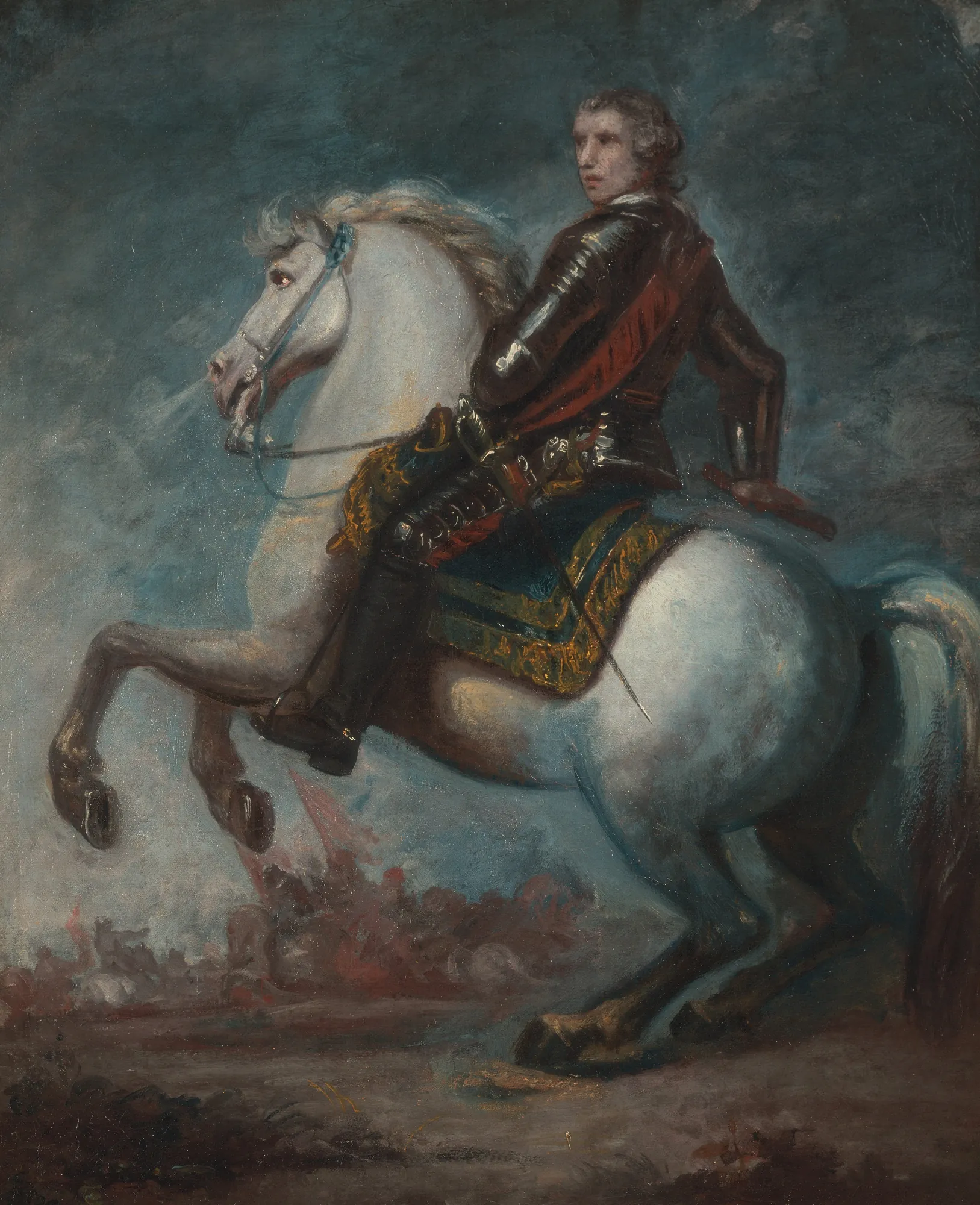 Sir Jeffrey Amherst Sir Jeffrey Amherst by Joshua Reynolds. A military officer in dark armor sits astride a rearing white horse against a dramatic, stormy sky.