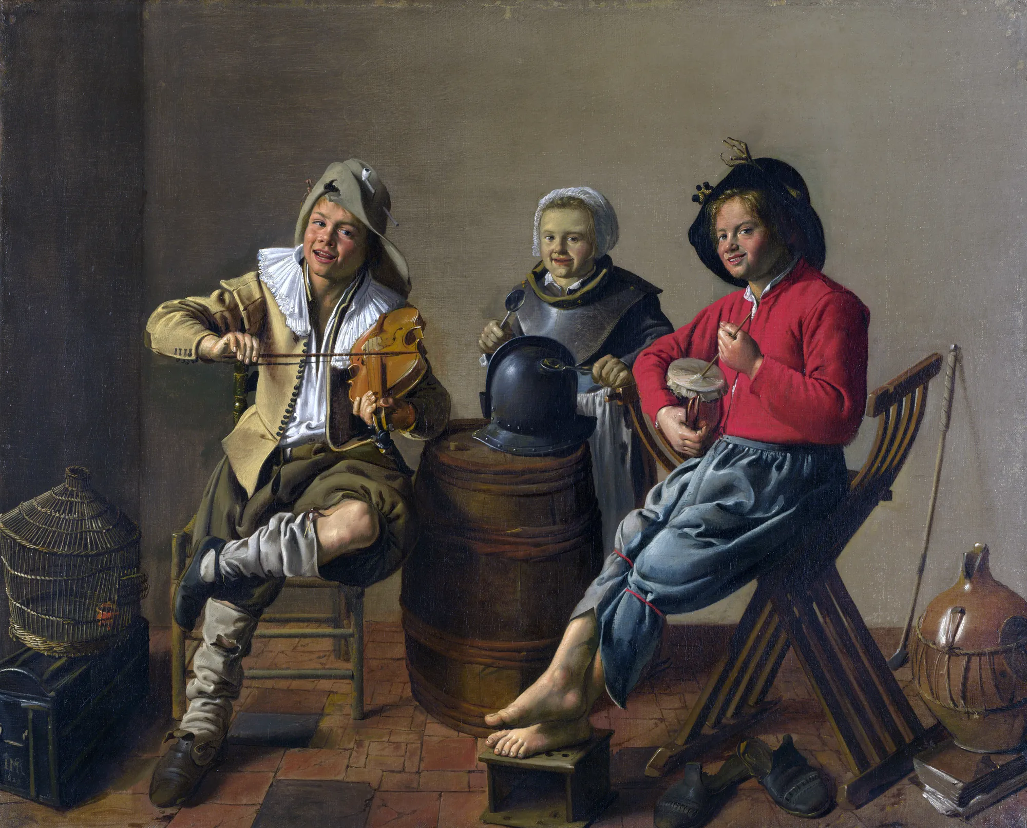 Two Boys and a Girl Making Music Two Boys and a Girl Making Music by Jan Miense Molenaer. Three children perform music in a rustic interior using a violin, a small drum, and a metal helmet as percussion.